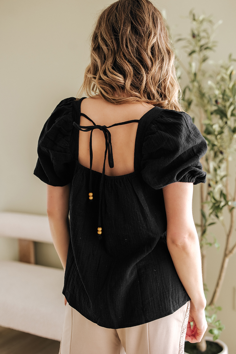 Black Flower Crochet Square Neck Textured Short Sleeve Blouse-Tops/Blouses & Shirts-[Adult]-[Female]-2022 Online Blue Zone Planet