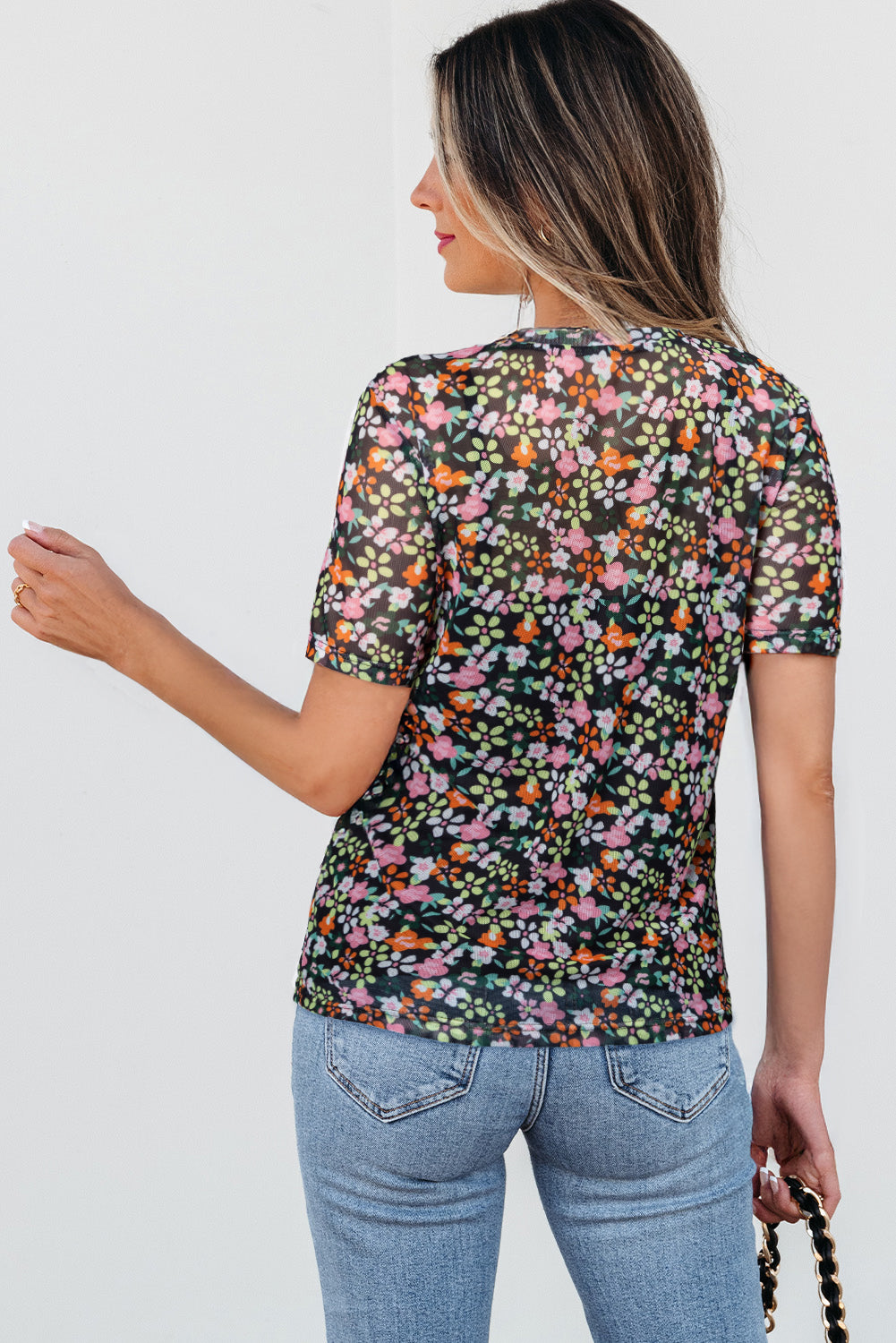 Black Sheer Floral Mesh Round Neck T Shirt-Tops/Tops & Tees-[Adult]-[Female]-2022 Online Blue Zone Planet