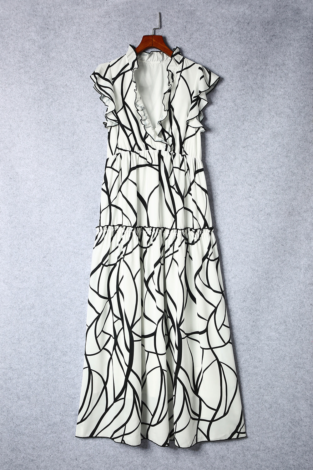 White Abstract Print V Neck Ruffle Maxi Dress-Maxi Dresses-[Adult]-[Female]-2022 Online Blue Zone Planet