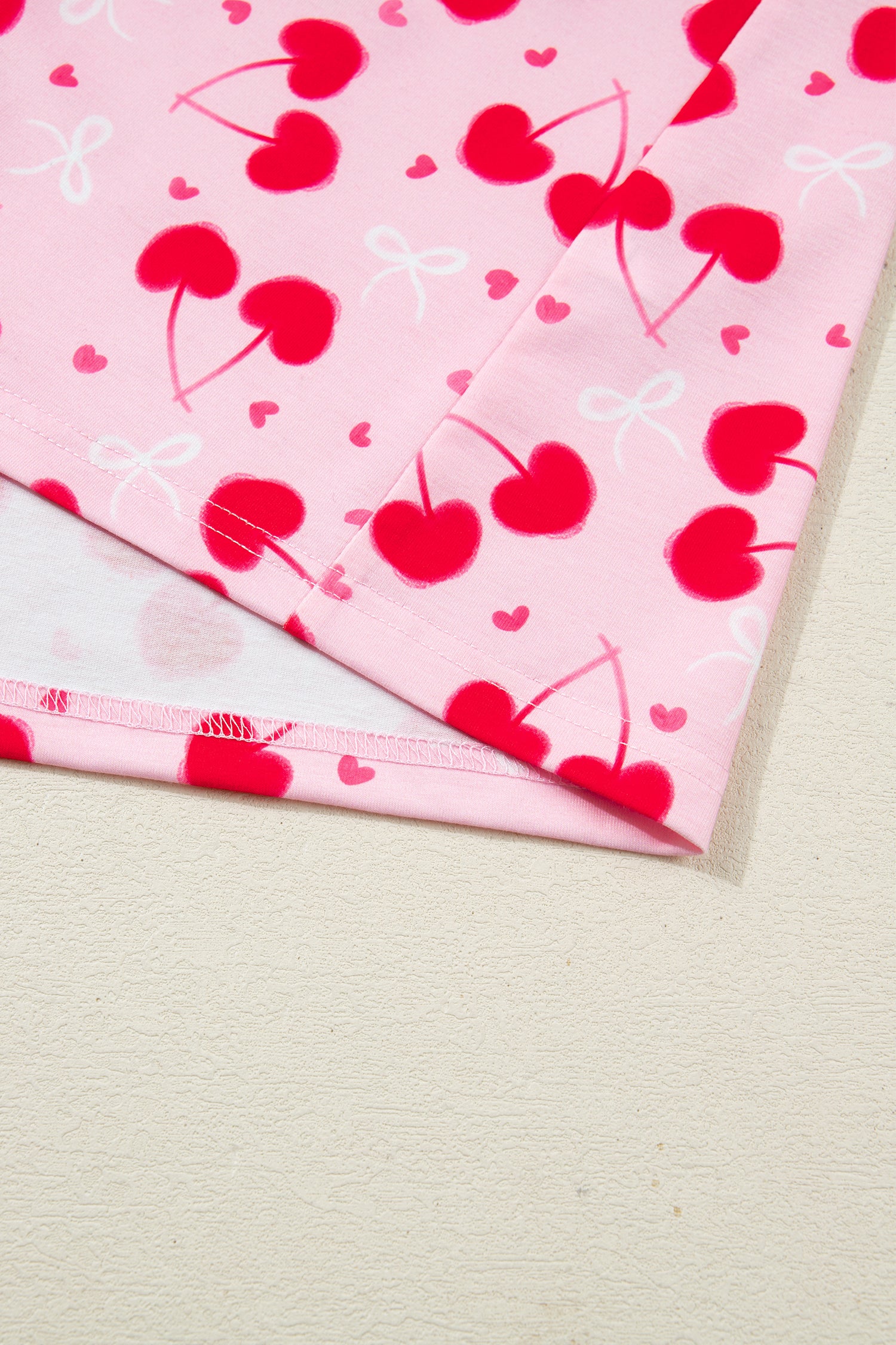 Rose Cherry Bow Mixed Print Scalloped Edge Short Pajama Set-Loungewear & Sleepwear/Loungewear-[Adult]-[Female]-2022 Online Blue Zone Planet