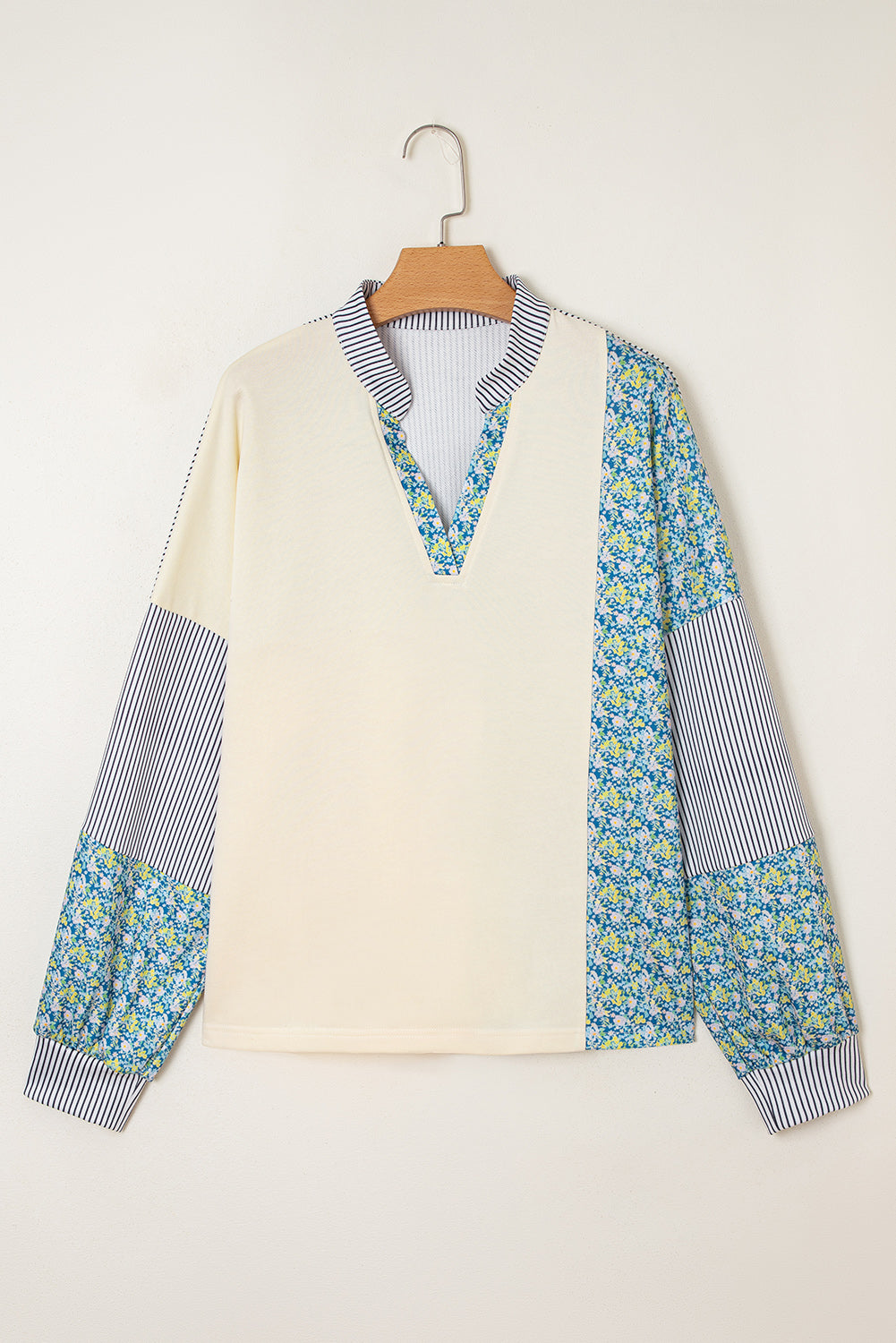 Beige Floral Striped Drop Sleeve Collared Boxy Fit Sweatshirt-Tops/Sweatshirts & Hoodies-[Adult]-[Female]-2022 Online Blue Zone Planet