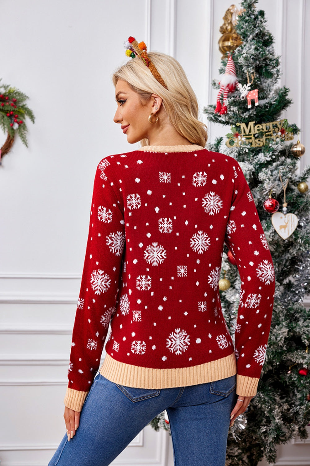 Christmas Pattern Round Neck Long Sleeve Sweater-TOPS / DRESSES-[Adult]-[Female]-2022 Online Blue Zone Planet