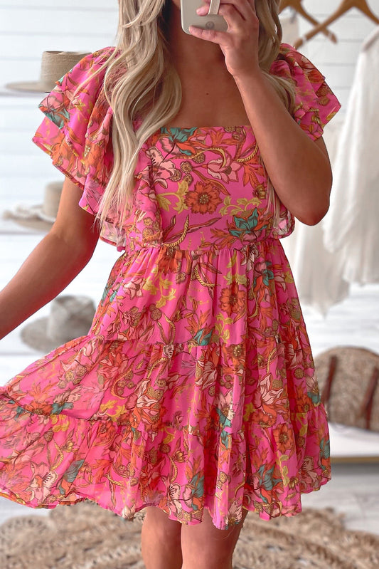 Pink Floral Square Neck Ruffle Sleeve Tiered Dress-Dresses/Floral Dresses-[Adult]-[Female]-Pink-S-2022 Online Blue Zone Planet