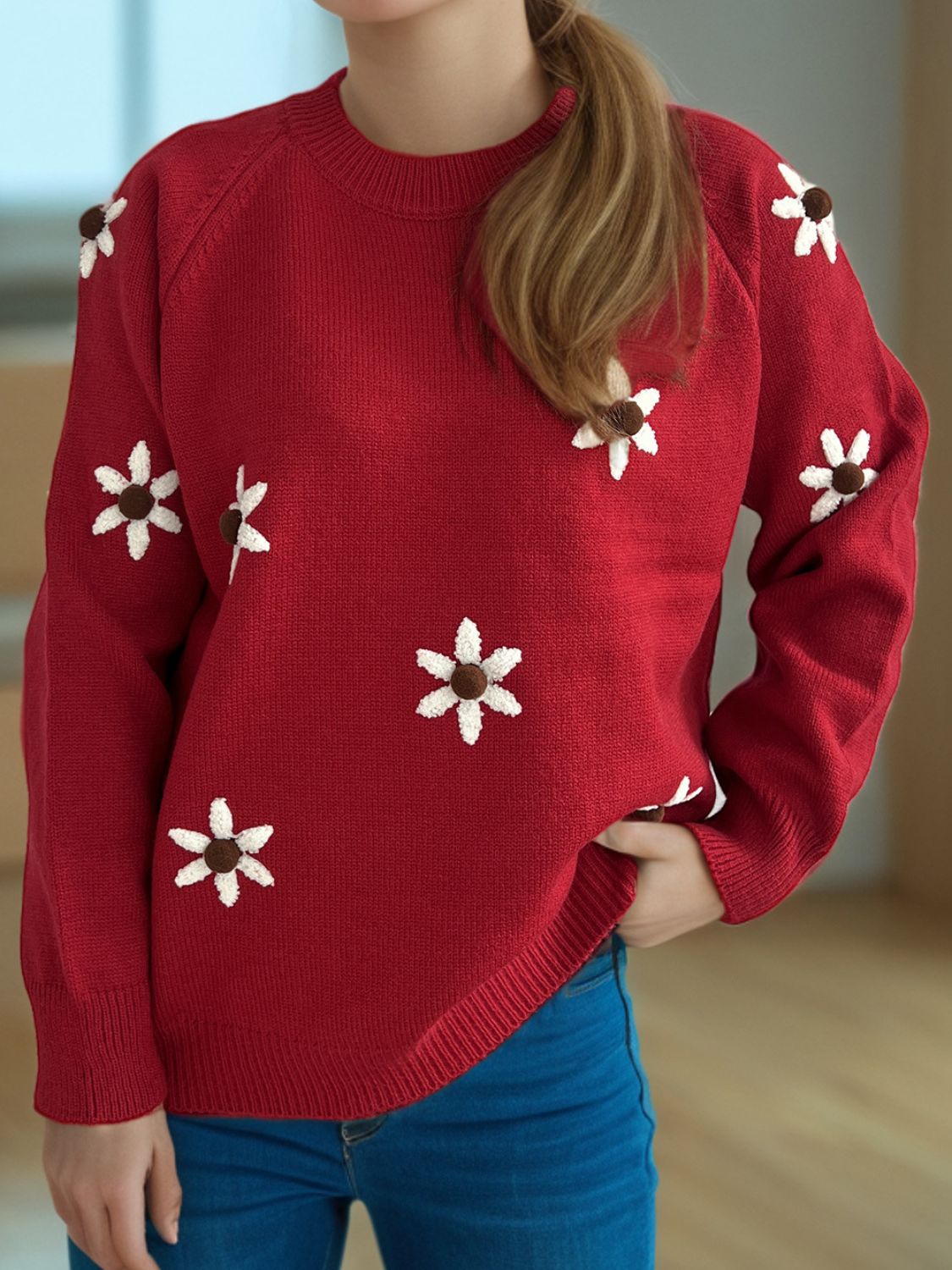 Blue Zone Planet | Flower Round Neck Raglan Sleeve Sweater-TOPS / DRESSES-[Adult]-[Female]-Burgundy-One Size-2022 Online Blue Zone Planet