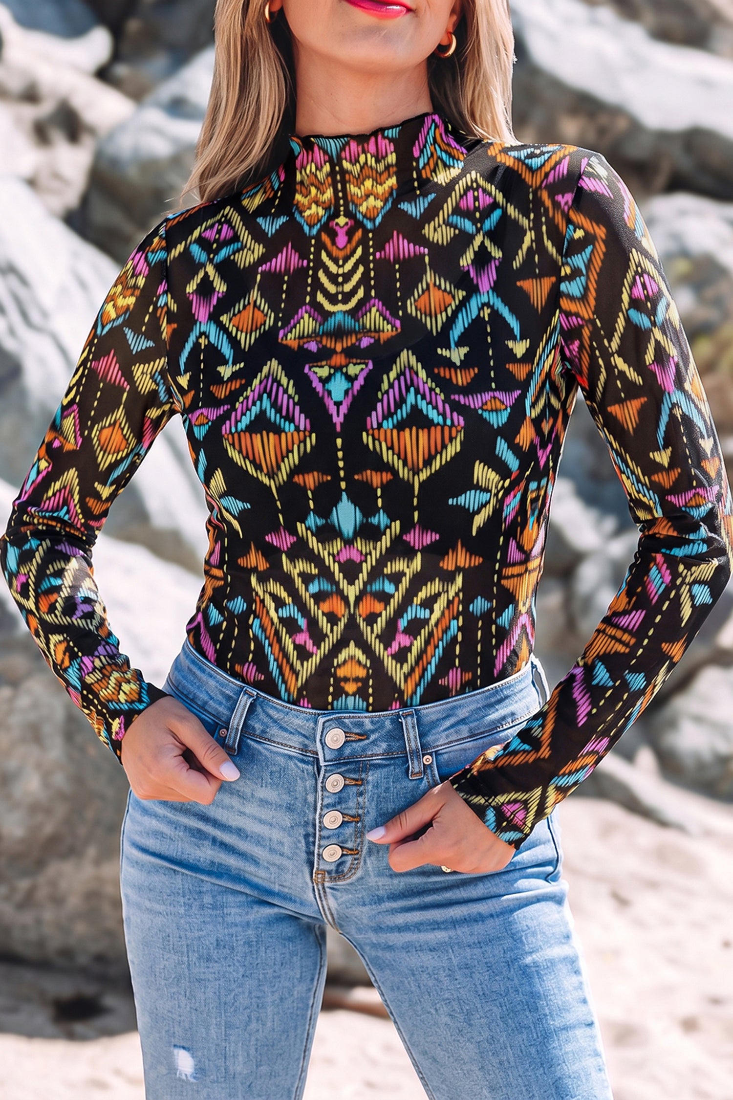 Color Black Abstract Print Long Sleeve Stand Neck Mesh Top-Tops/Long Sleeve Tops-[Adult]-[Female]-2022 Online Blue Zone Planet