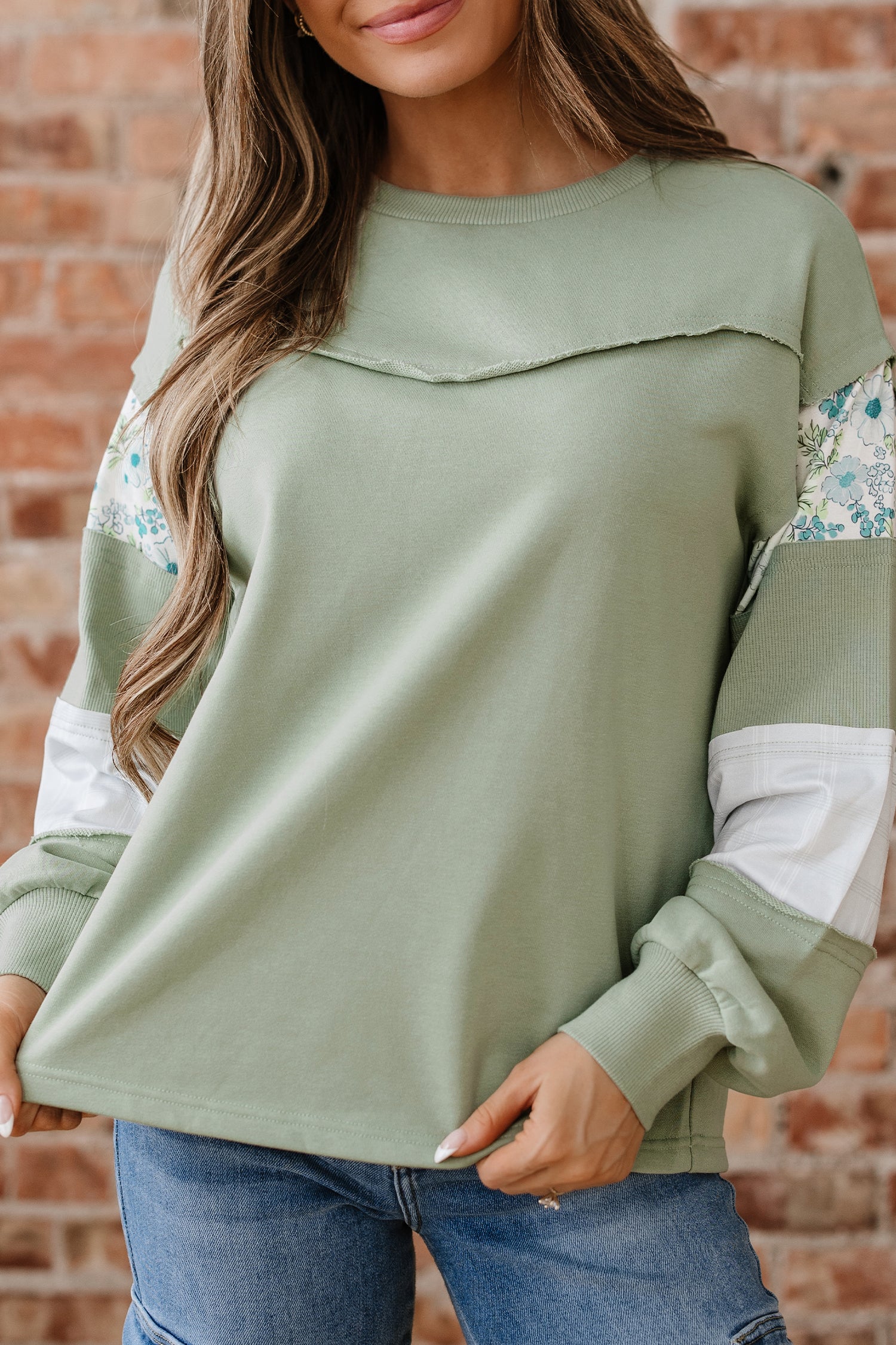 Laurel Green Floral Plaid Mixed Sleeve Raw Edge Relaxed French Terry Top-Tops/Long Sleeve Tops-[Adult]-[Female]-2022 Online Blue Zone Planet