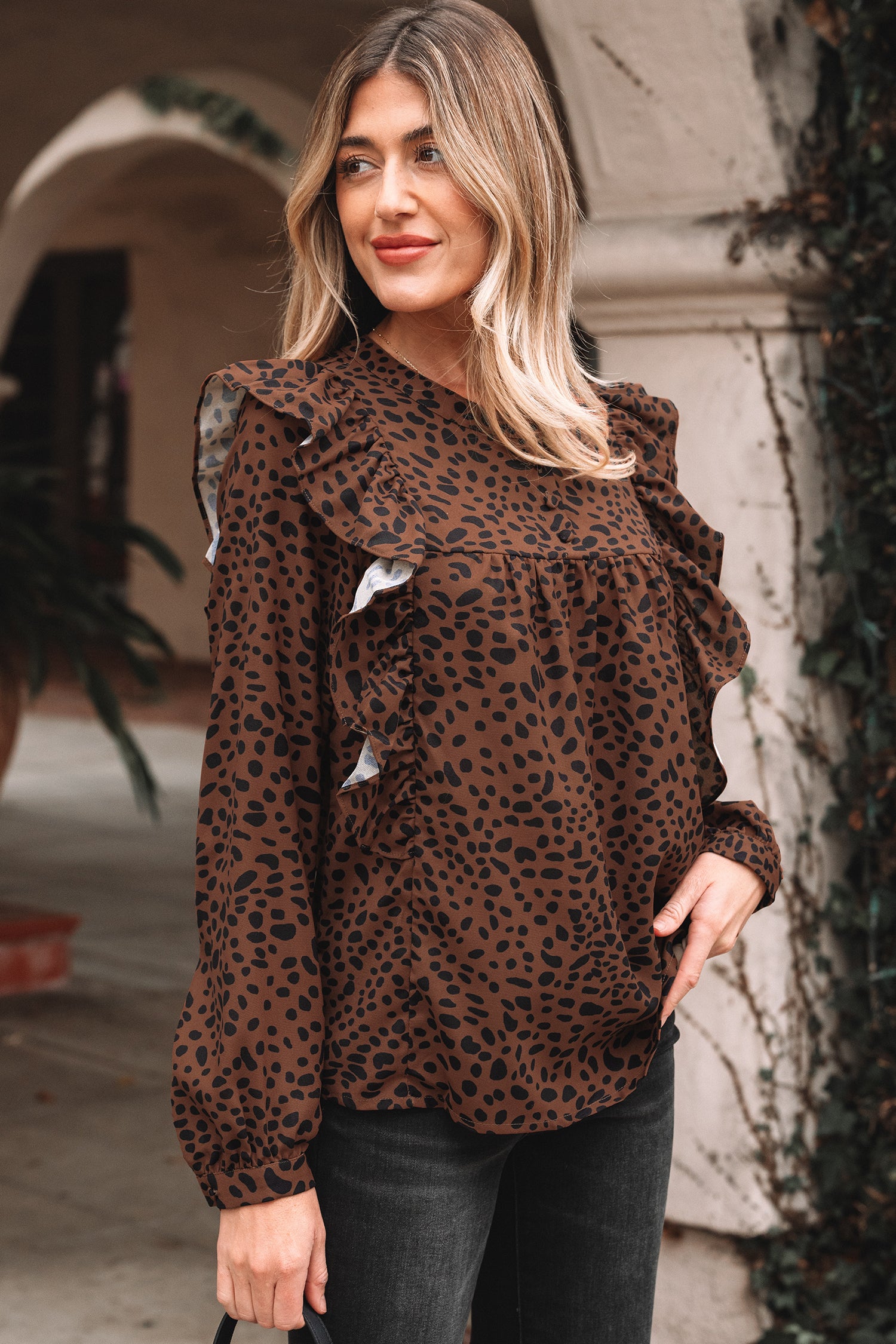 Brown Leopard Print Ruffled Puff Sleeve Blouse-Tops/Blouses & Shirts-[Adult]-[Female]-2022 Online Blue Zone Planet