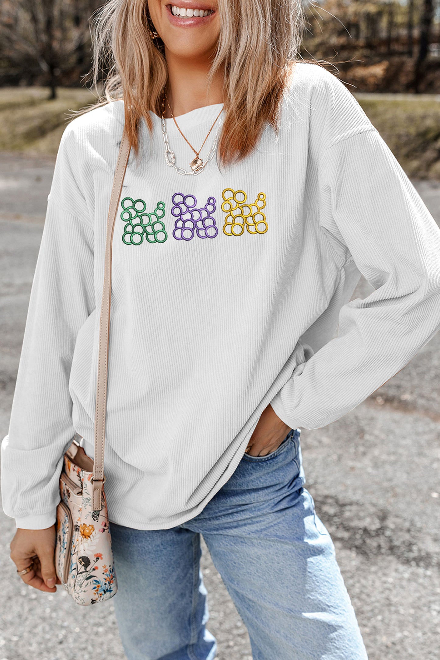 White Mardi Gras Cute Balloon Dogs Embroidered Corded Ribbed Sweatshirt-Graphic Sweatshirts-[Adult]-[Female]-2022 Online Blue Zone Planet