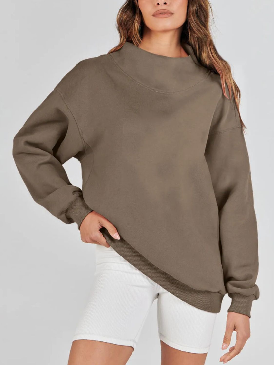 Blue Zone Planet | Mock Neck Drop Shoulder Long Sleeve Sweatshirt-TOPS / DRESSES-[Adult]-[Female]-2022 Online Blue Zone Planet