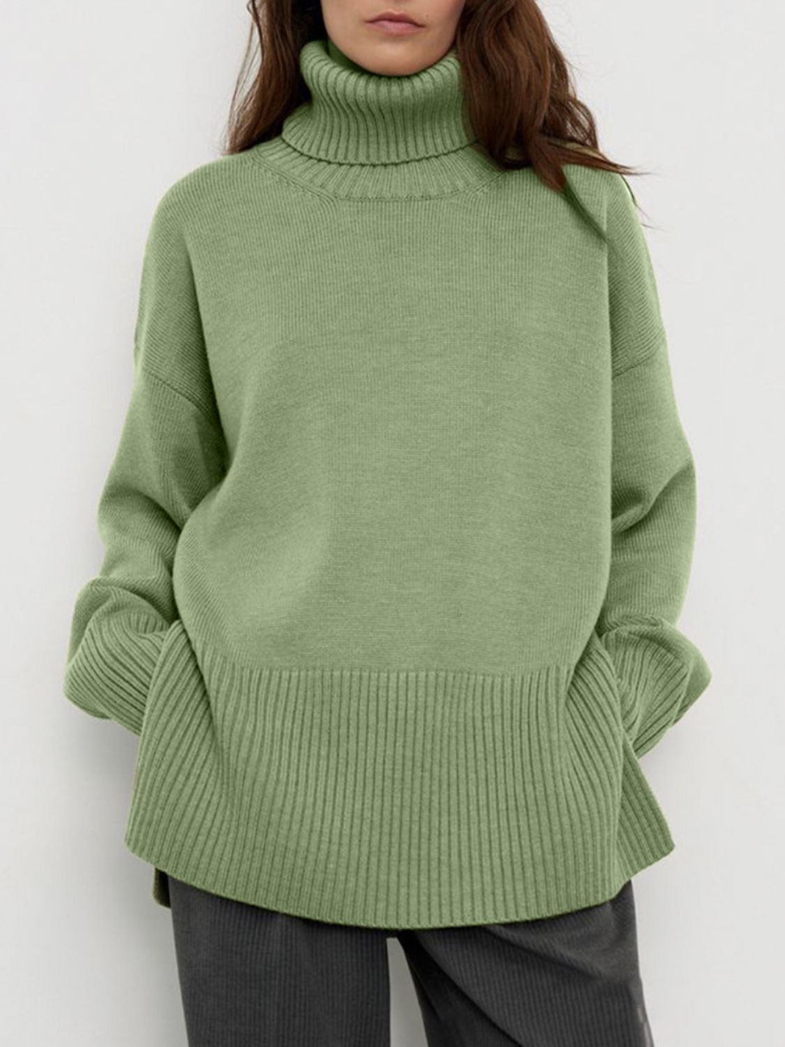 Side Slit Turtleneck Drop Shoulder Sweater-TOPS / DRESSES-[Adult]-[Female]-Matcha Green-One Size-2022 Online Blue Zone Planet