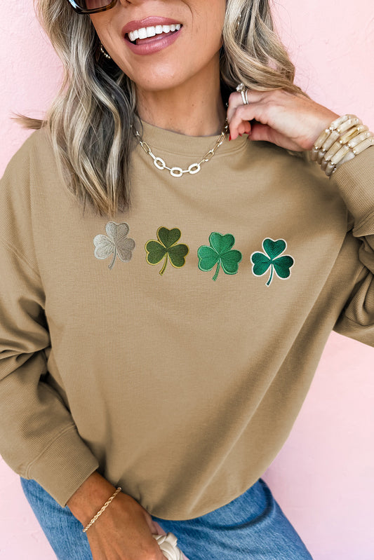 Khaki Embroidered Clover Pattern St Patrick Pullover Sweatshirt-Graphic/Graphic Sweatshirts-[Adult]-[Female]-Khaki-S-2022 Online Blue Zone Planet