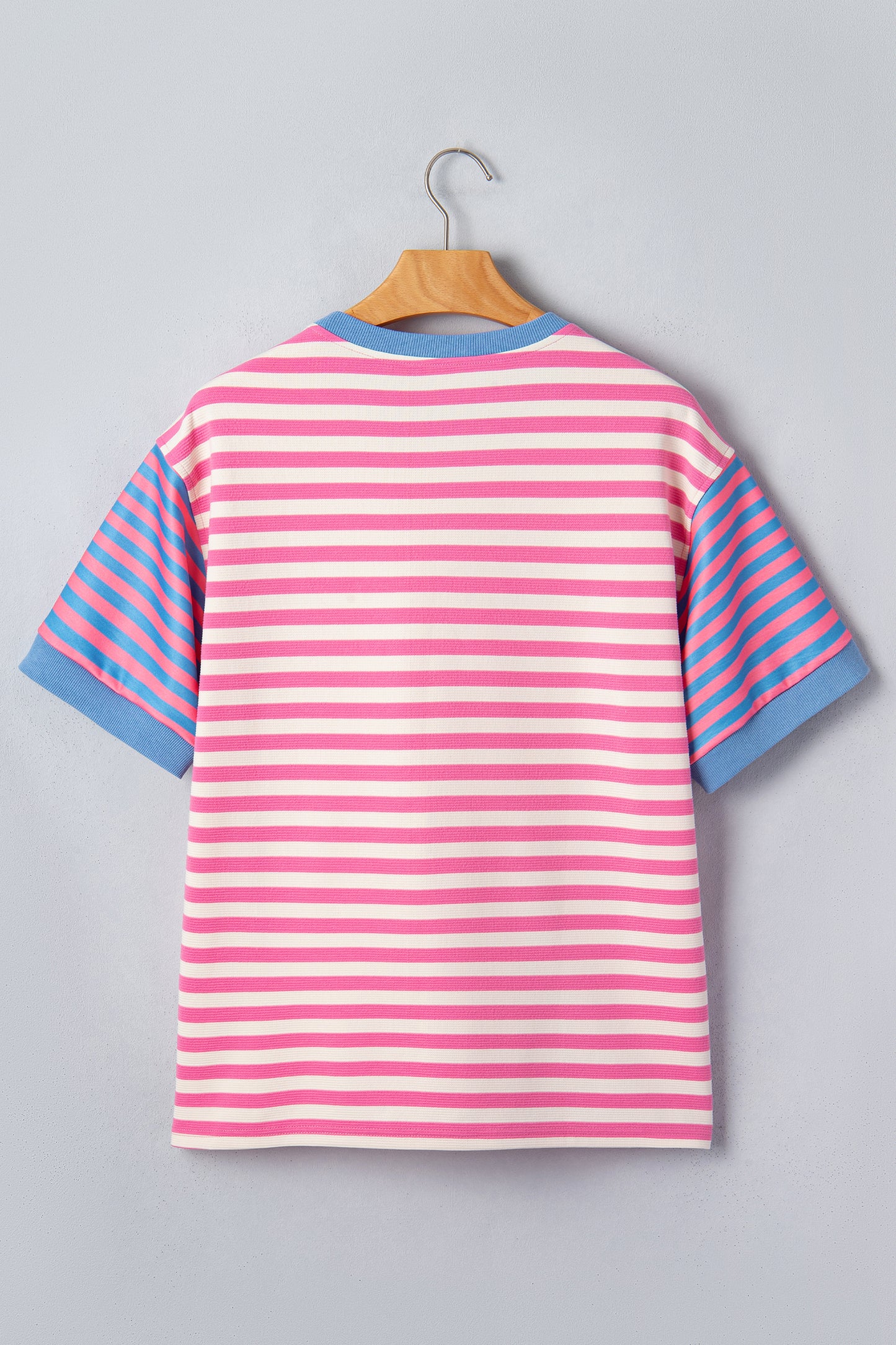 Pink Stripe Contrast Patchwork Short Sleeve Loose Tee-Tops/Tops & Tees-[Adult]-[Female]-2022 Online Blue Zone Planet