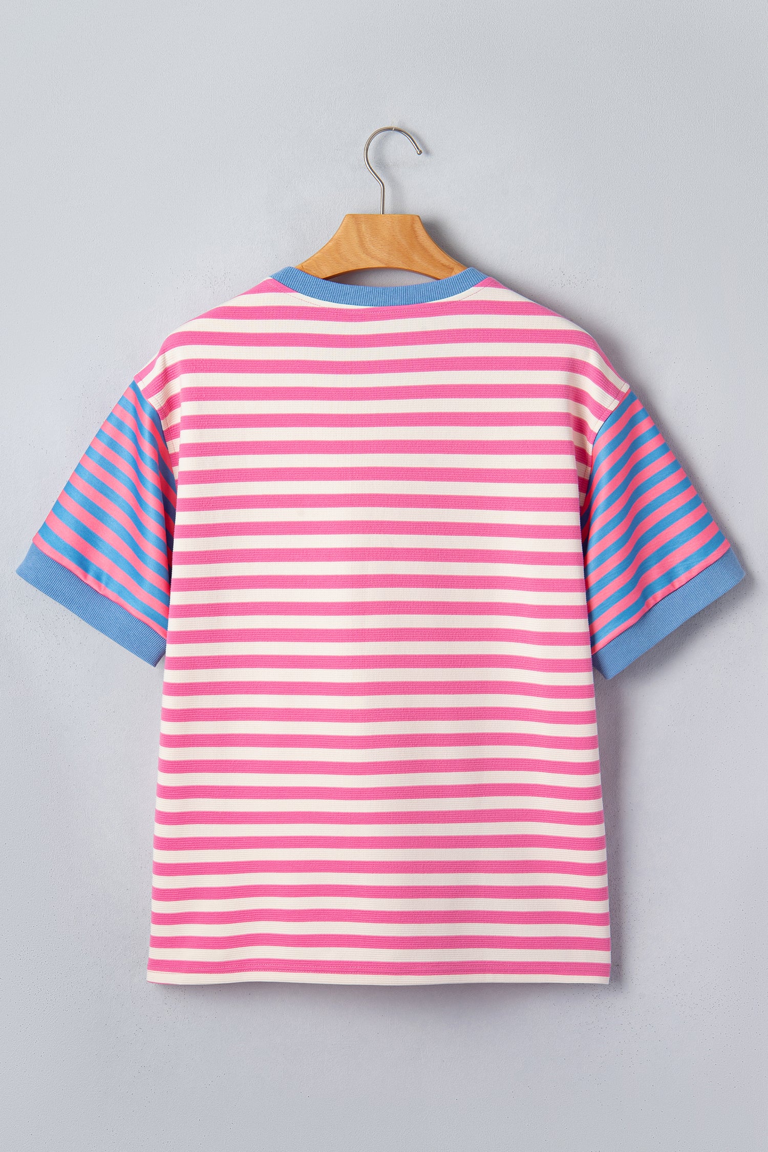 Pink Stripe Contrast Patchwork Short Sleeve Loose Tee-Tops/Tops & Tees-[Adult]-[Female]-2022 Online Blue Zone Planet