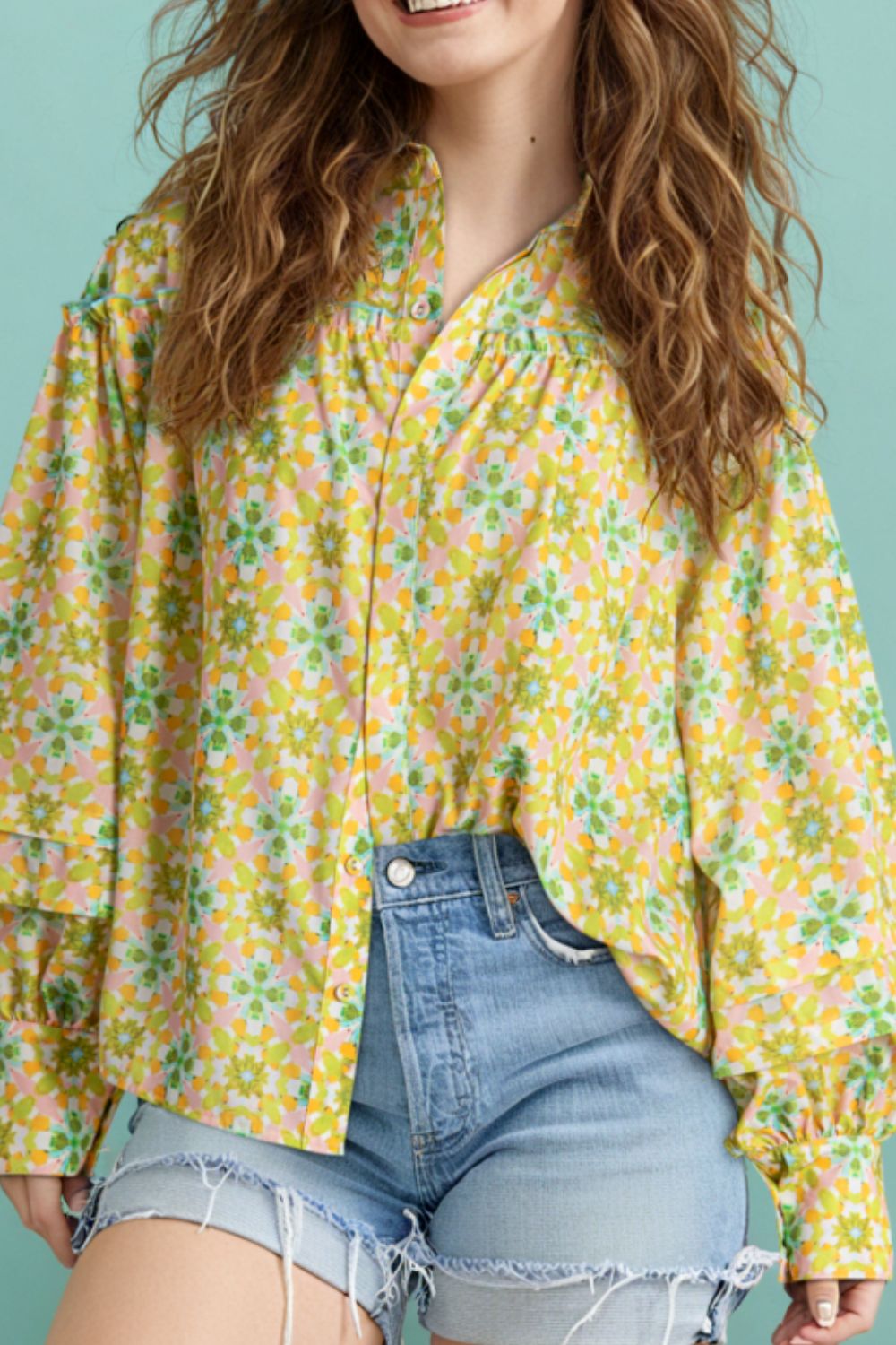 Frill Printed Collared Neck Long Sleeve Blouse-TOPS / DRESSES-[Adult]-[Female]-Yellow Green-S-2022 Online Blue Zone Planet