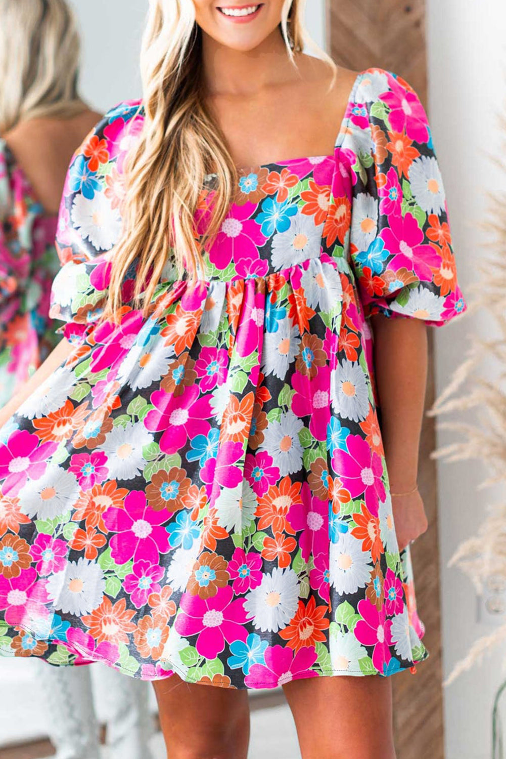 Blue Zone Planet | Rose Floral Print Square Neck Short Puff Sleeve Dress-TOPS / DRESSES-[Adult]-[Female]-Rose-S-2022 Online Blue Zone Planet