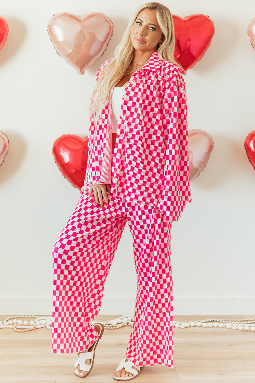 Blue Zone Planet | Pink Checkered Buttoned Shirt and High Waist Pants Pajama Set-TOPS / DRESSES-[Adult]-[Female]-2022 Online Blue Zone Planet