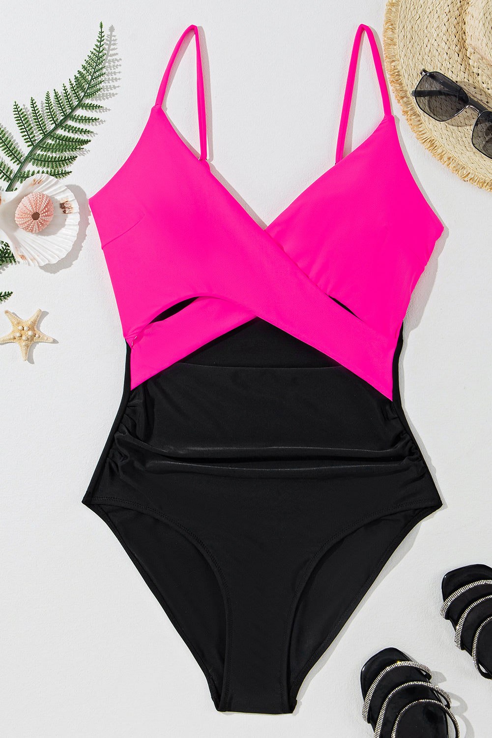Rose Red Crossover Colorblock Cutout One Piece Swimsuit Blue Zone Planet