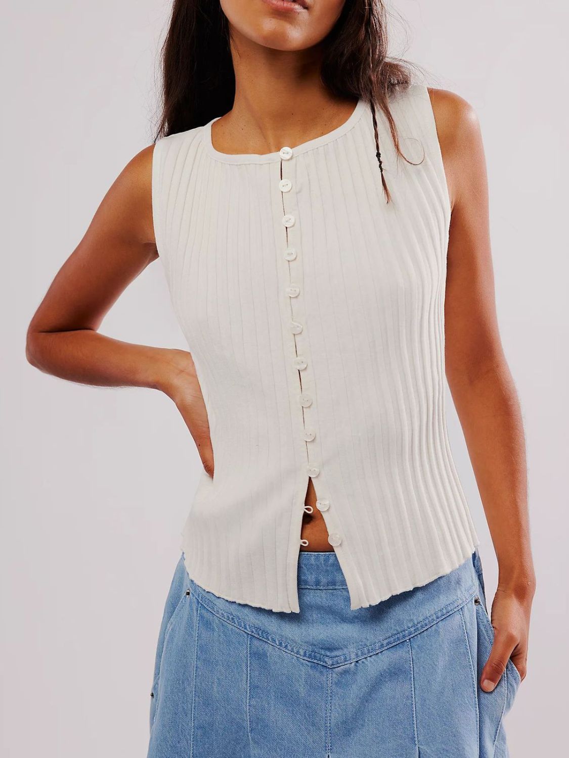 Button Down Round Neck Sweater Vest-TOPS / DRESSES-[Adult]-[Female]-White-One Size-2022 Online Blue Zone Planet
