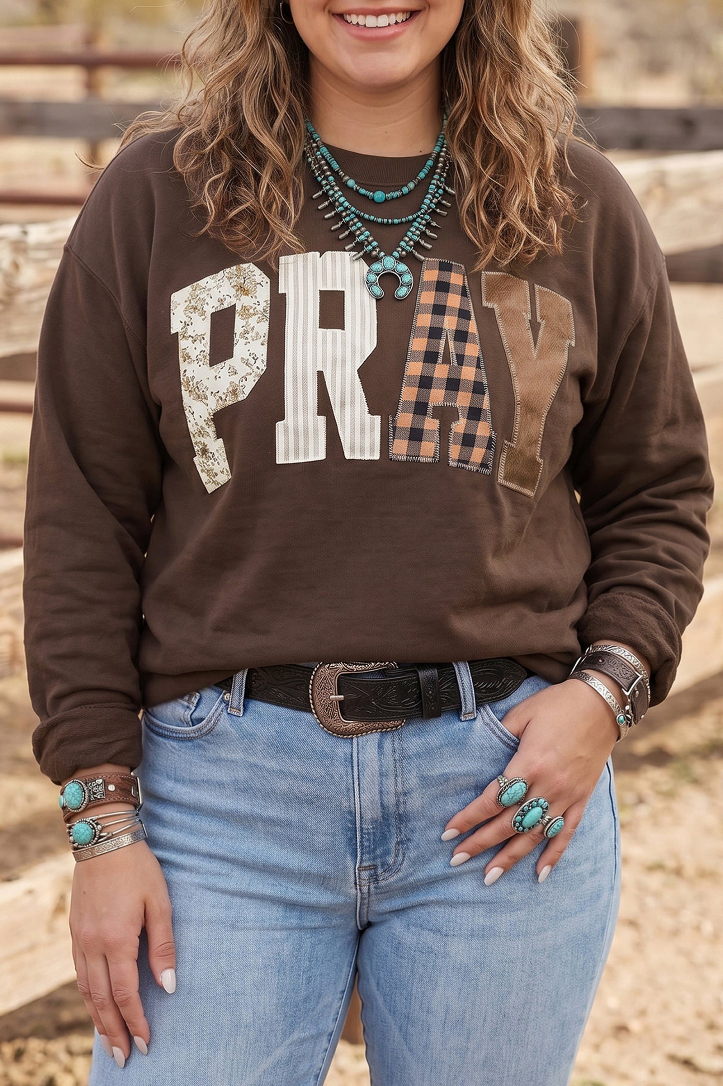 Coffee PRAY Letter Patchwork Round Neck Long Sleeve Plus Size Sweatshirt-Plus Size/Plus Size Sweatshirts & Hoodies-[Adult]-[Female]-Coffee-1X-2022 Online Blue Zone Planet