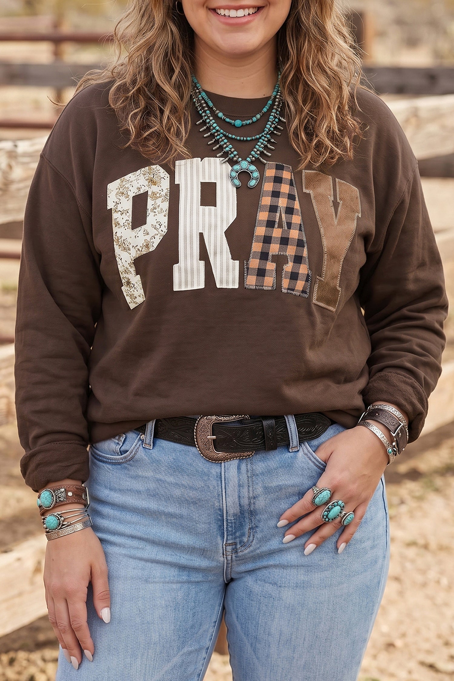 Coffee PRAY Letter Patchwork Round Neck Long Sleeve Plus Size Sweatshirt-Plus Size/Plus Size Sweatshirts & Hoodies-[Adult]-[Female]-Coffee-1X-2022 Online Blue Zone Planet