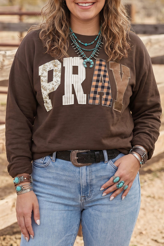 Coffee PRAY Letter Patchwork Round Neck Long Sleeve Plus Size Sweatshirt-Plus Size/Plus Size Sweatshirts & Hoodies-[Adult]-[Female]-Coffee-1X-2022 Online Blue Zone Planet