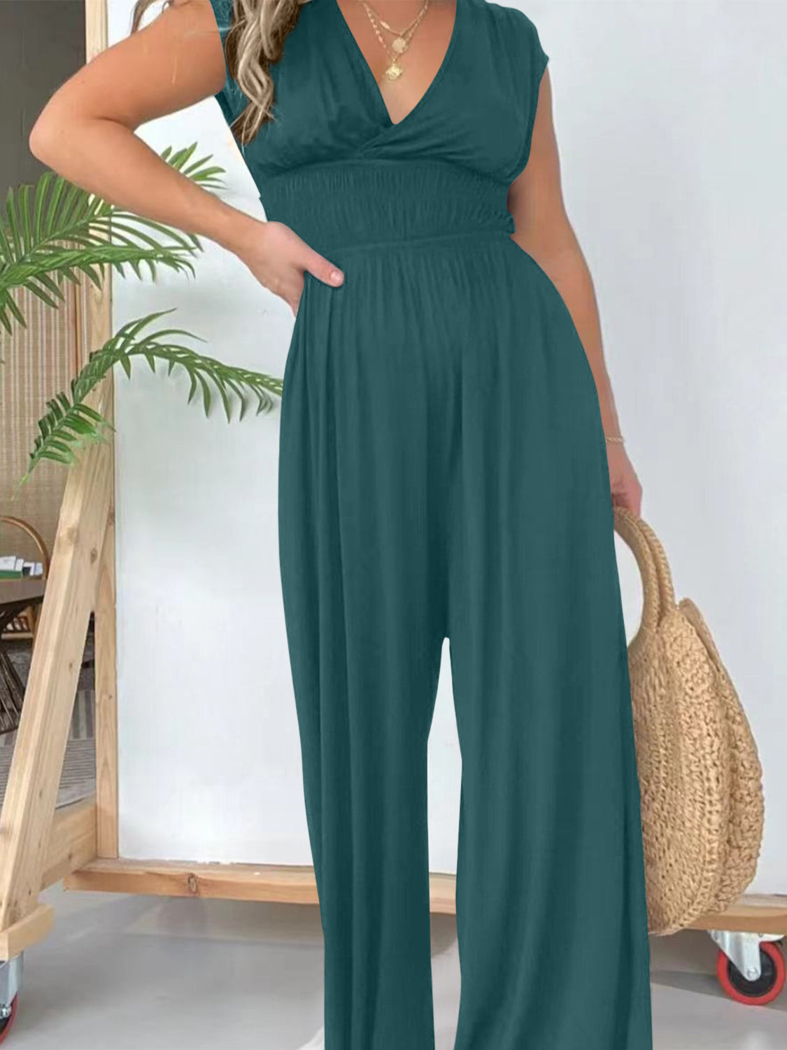 Smocked Cap Sleeve Wide Leg Jumpsuit-TOPS / DRESSES-[Adult]-[Female]-2022 Online Blue Zone Planet