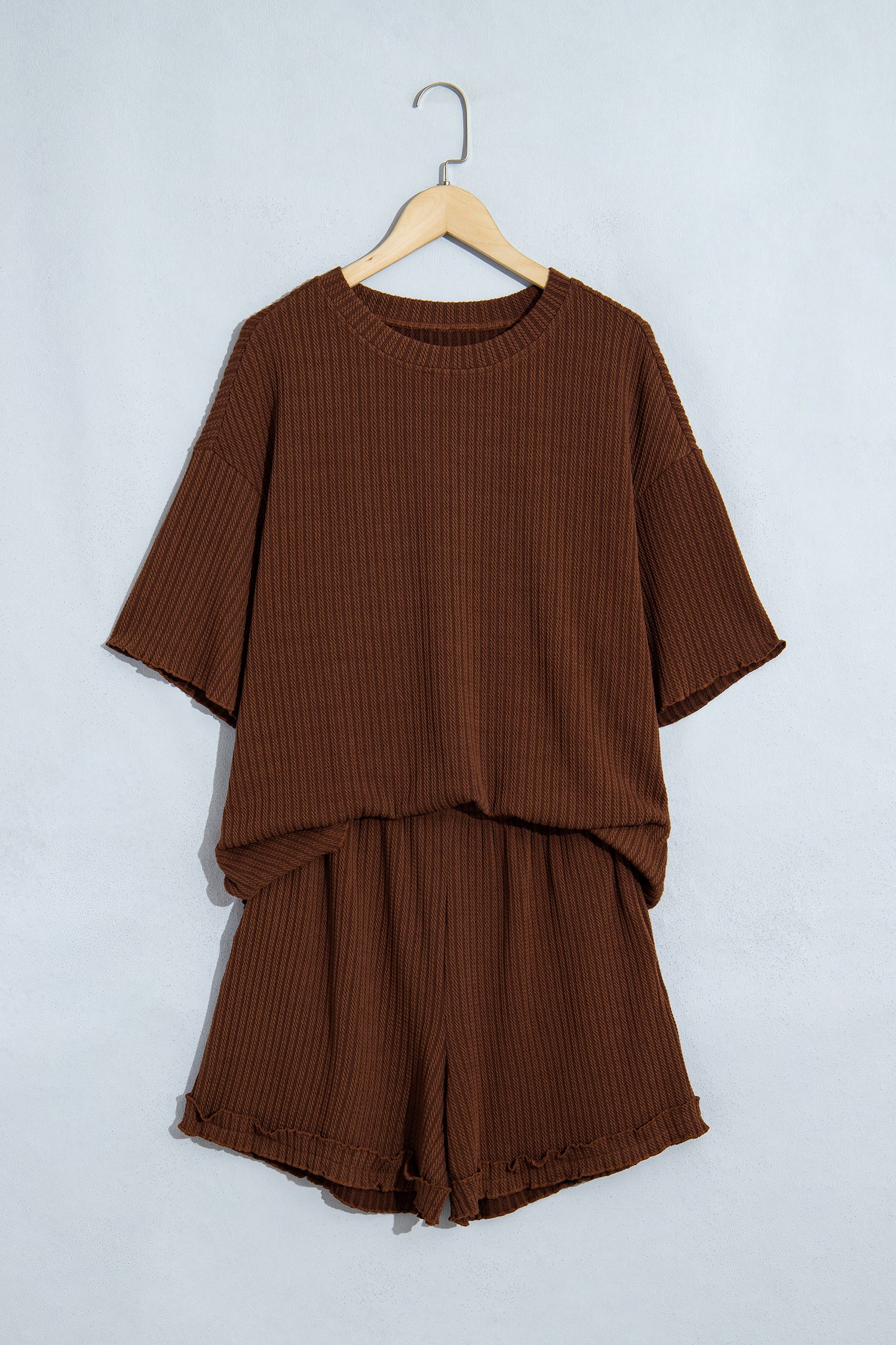 Dark Brown Textured Ribbed Knit Lettuce Trim 2pcs Lounge Set-Loungewear & Sleepwear/Loungewear-[Adult]-[Female]-2022 Online Blue Zone Planet