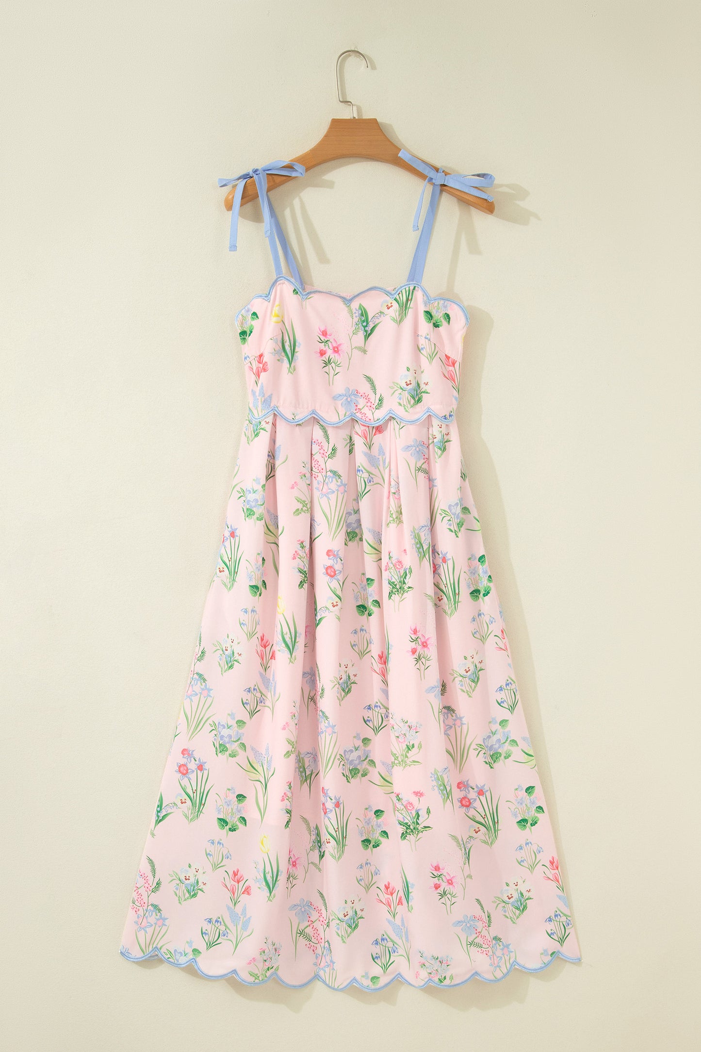 Beige Floral Print Contrast Trim Self-tie Straps High Waist Midi Dress-TOPS / DRESSES-[Adult]-[Female]-2022 Online Blue Zone Planet