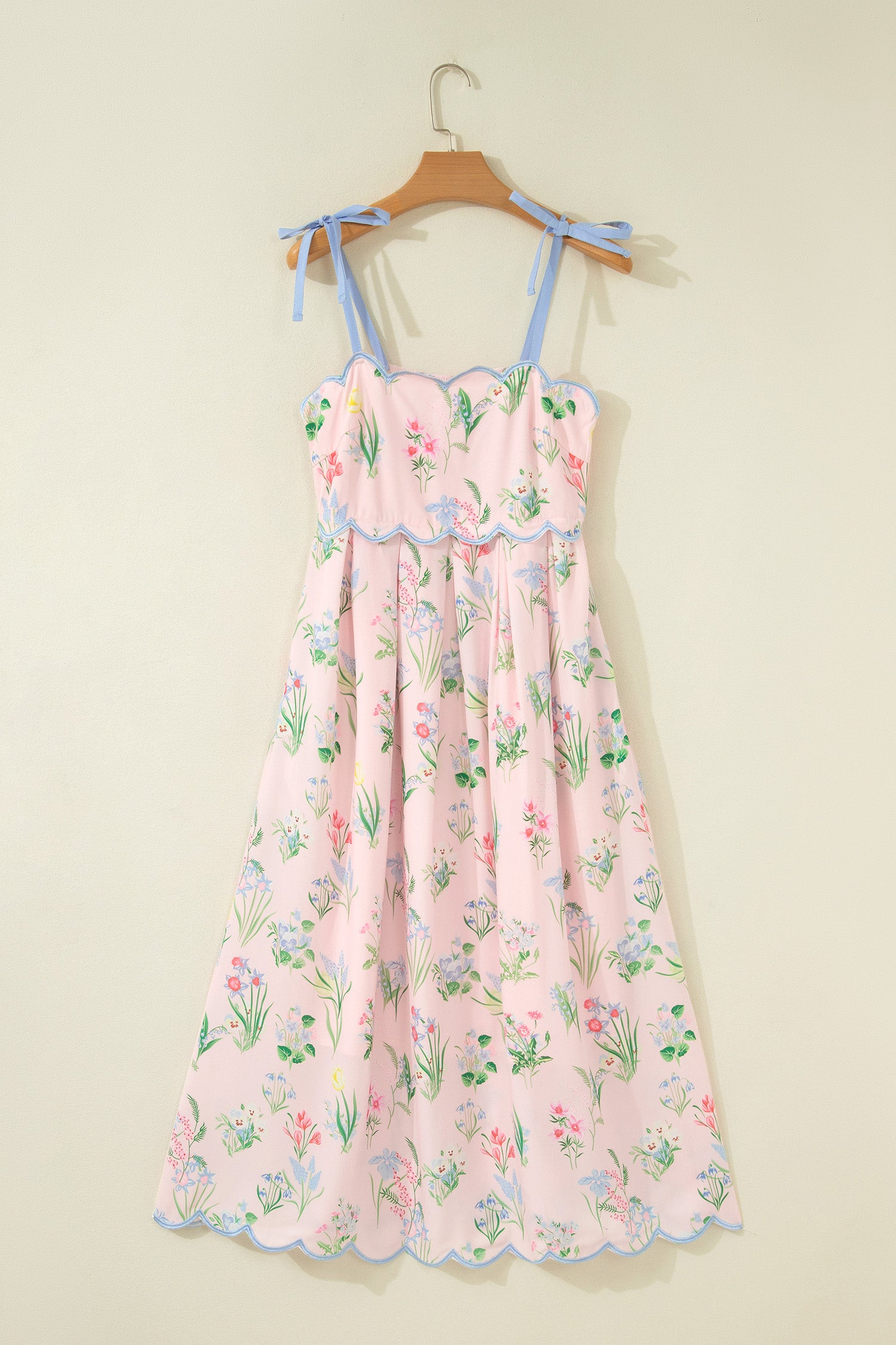 Beige Floral Print Contrast Trim Self-tie Straps High Waist Midi Dress-TOPS / DRESSES-[Adult]-[Female]-2022 Online Blue Zone Planet