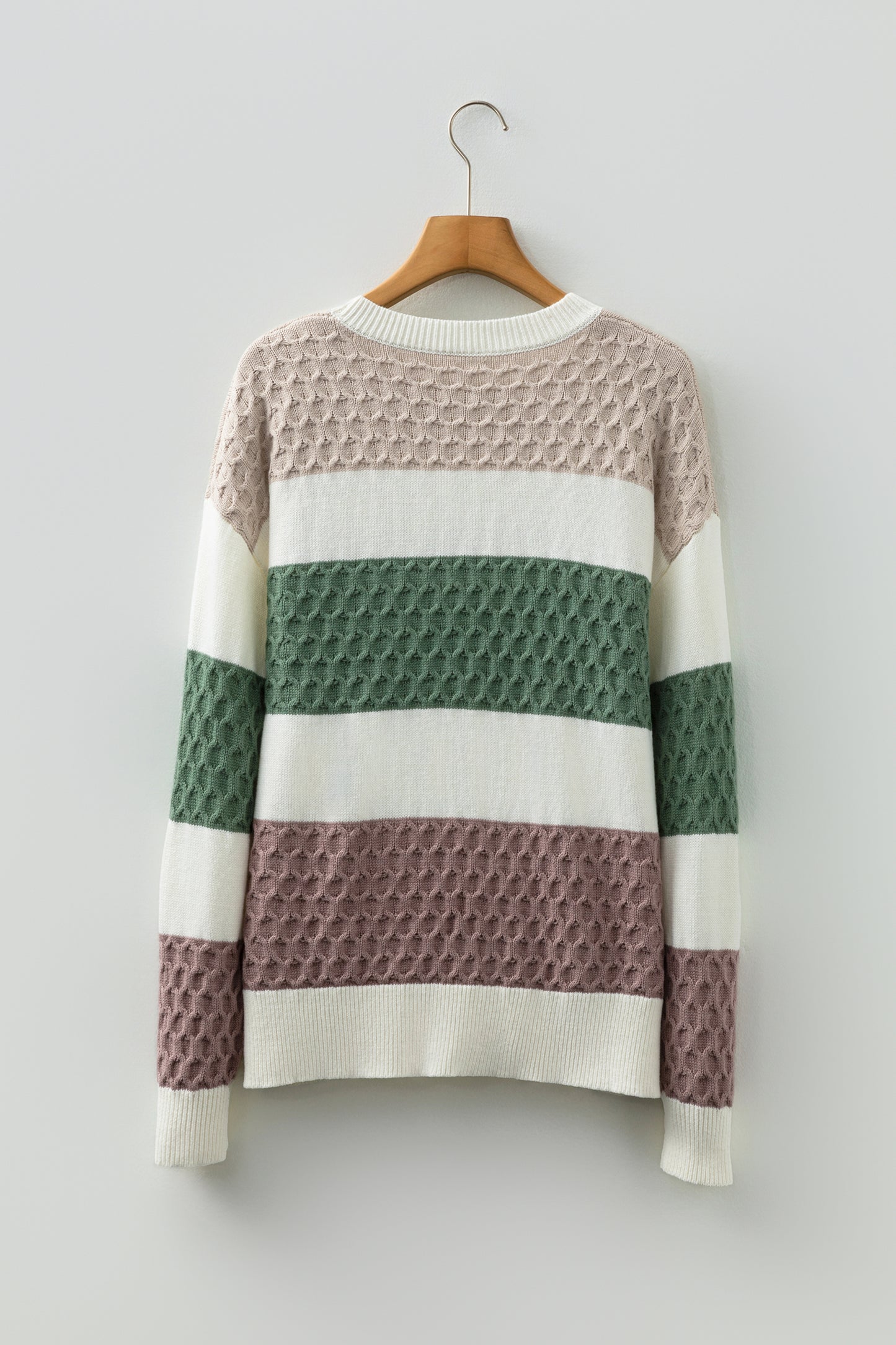 Green Mixed Texture Knit Striped Color Block Loose Sweater-TOPS / DRESSES-[Adult]-[Female]-2022 Online Blue Zone Planet