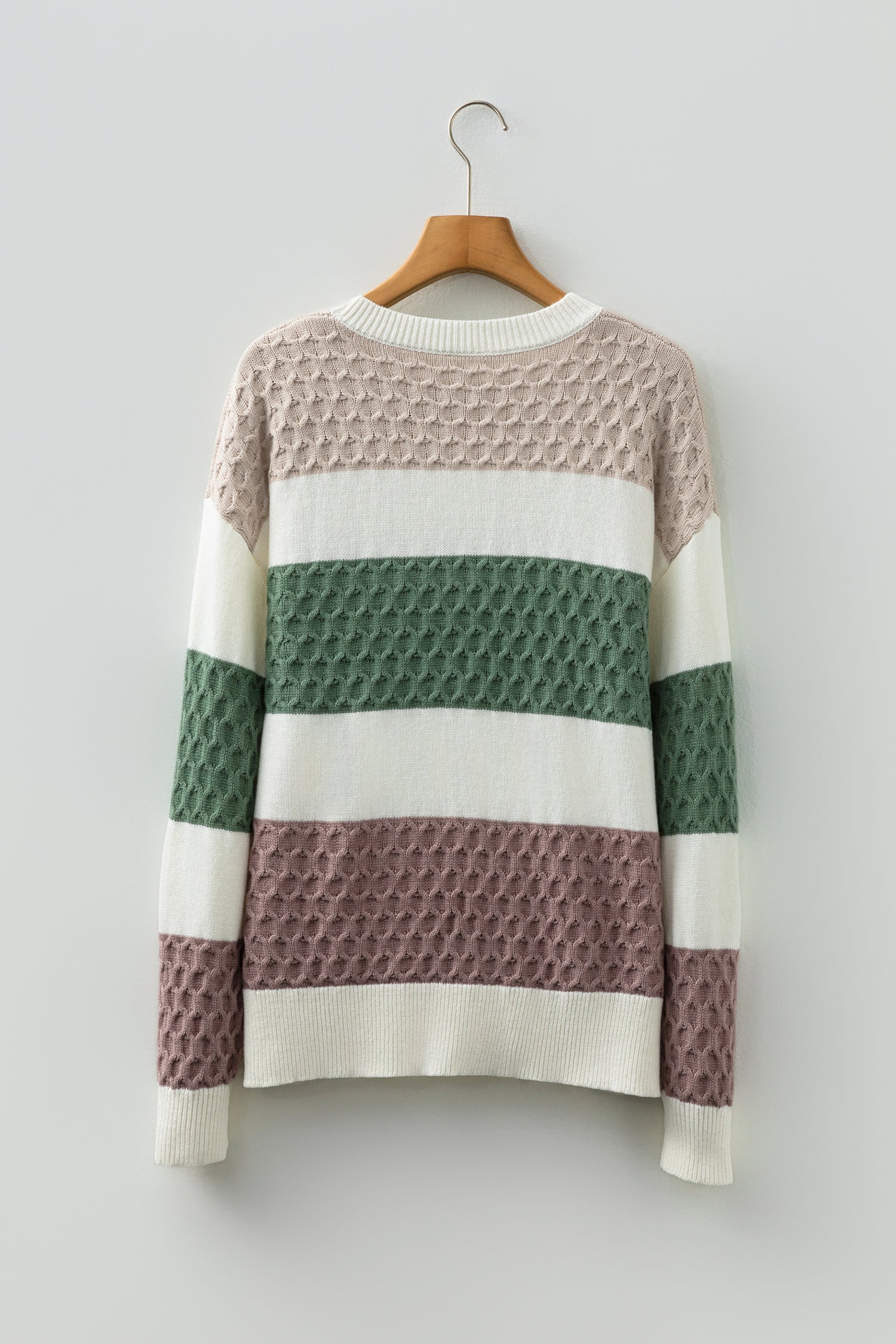 Green Mixed Texture Knit Striped Color Block Loose Sweater-TOPS / DRESSES-[Adult]-[Female]-2022 Online Blue Zone Planet