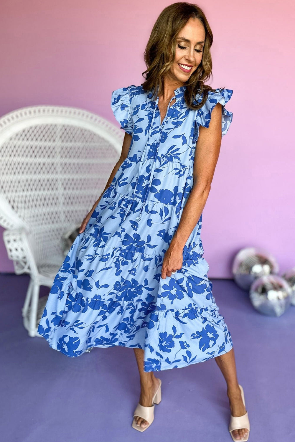 Sky Blue Floral Print Tiered Flutter Sleeve Maxi Dress-Maxi Dresses-[Adult]-[Female]-2022 Online Blue Zone Planet