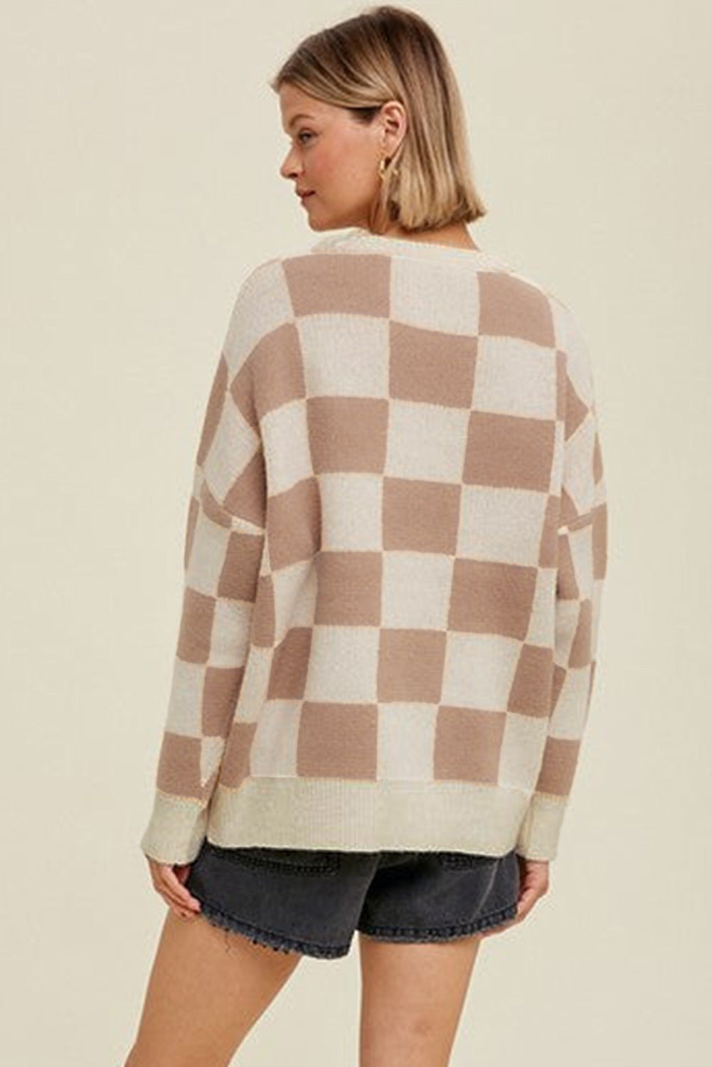 Parchment Checkered Pattern Ribbed Trim Knit Baggy Sweater-TOPS / DRESSES-[Adult]-[Female]-2022 Online Blue Zone Planet
