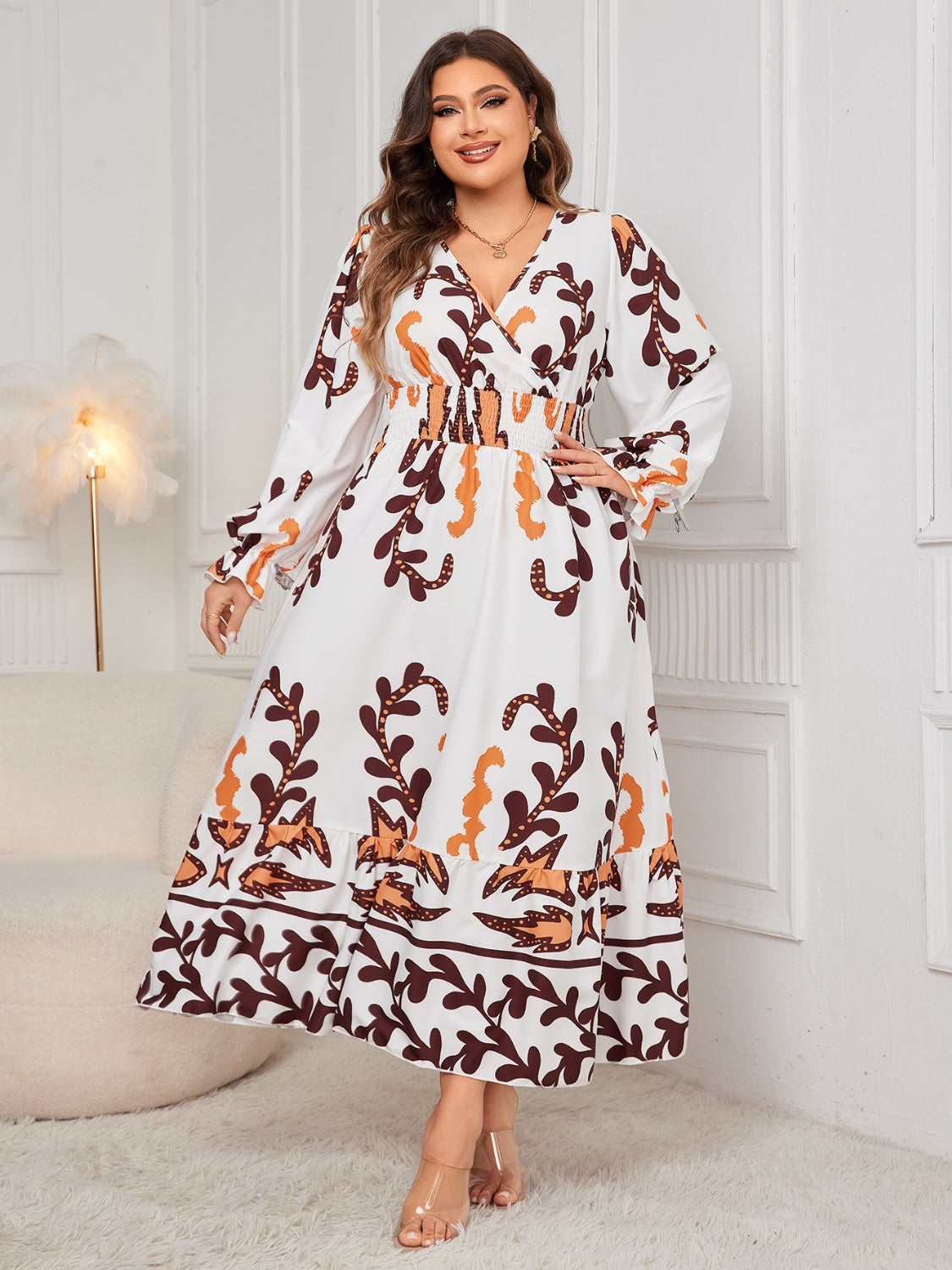 Blue Zone Planet | Plus Size Printed Surplice Flounce Sleeve Dress-TOPS / DRESSES-[Adult]-[Female]-2022 Online Blue Zone Planet