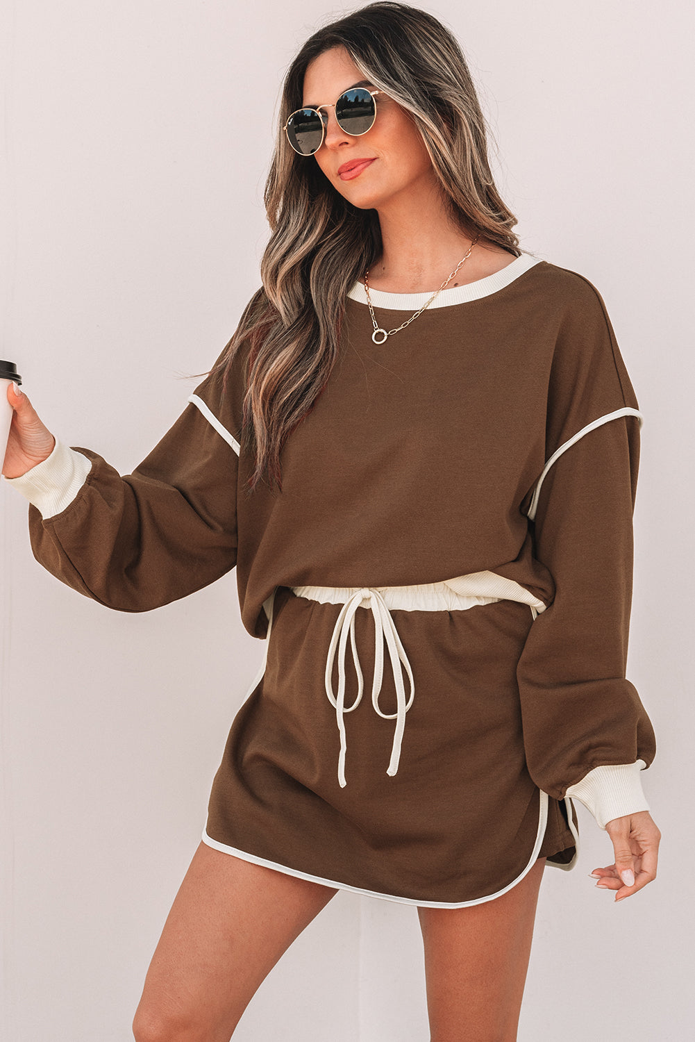 Blue Zone Planet | Rose Red Color Contrast Loose Pullover and Lace-up Waist Skort Set-Two Piece Sets/Two Piece Dresses-[Adult]-[Female]-2022 Online Blue Zone Planet