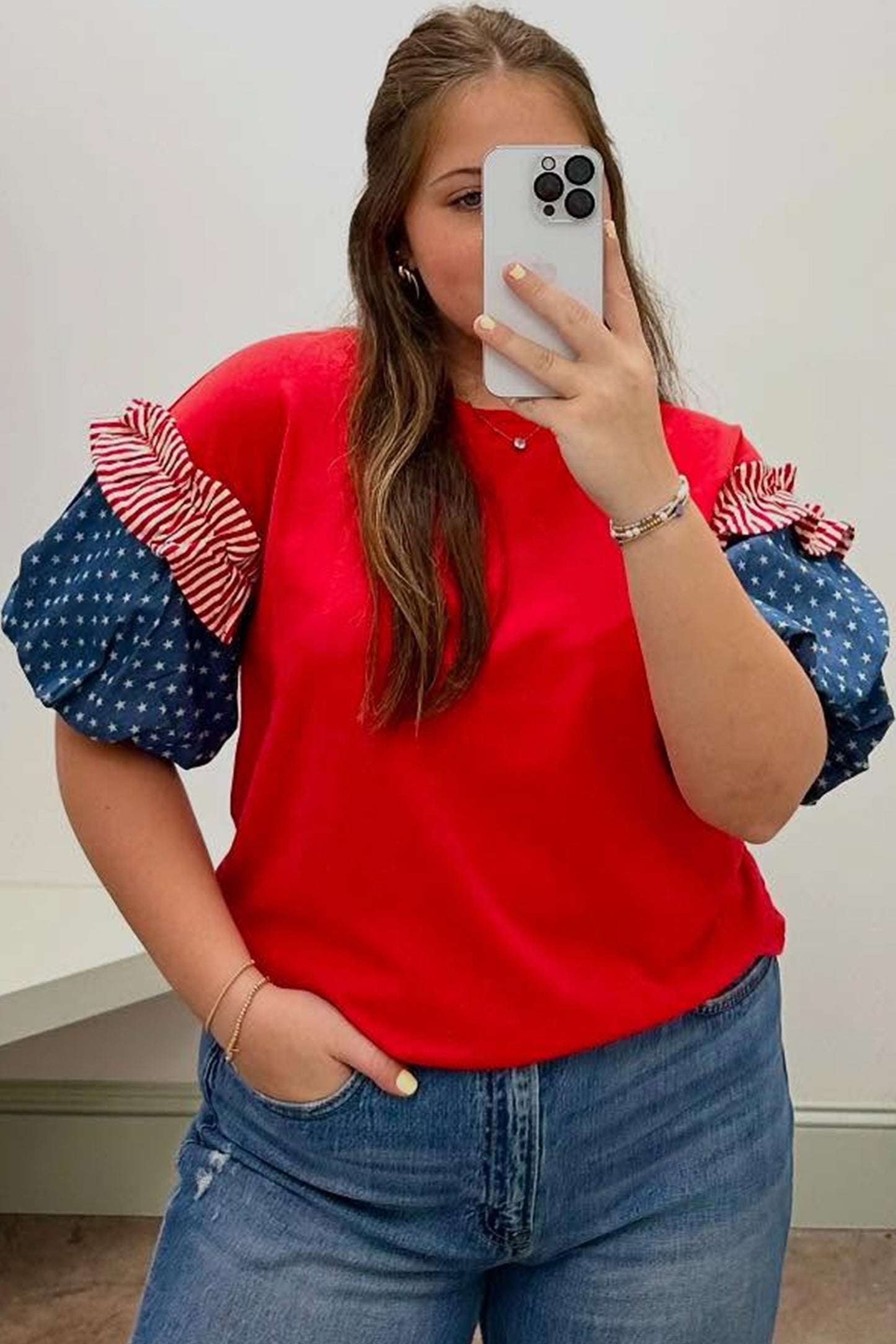 Fiery Red Plus Size Striped Ruffles Star Short Bubble Sleeve Patchwork Top-Plus Size/Plus Size Tops/Plus Size Tops & Tees-[Adult]-[Female]-2022 Online Blue Zone Planet