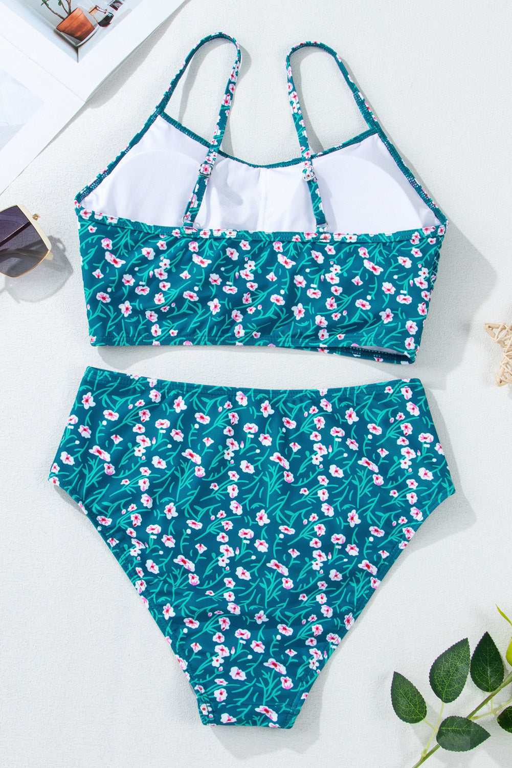 Blue Floral Print Smocked Cute Bikini Set-Bikini Sets-[Adult]-[Female]-2022 Online Blue Zone Planet