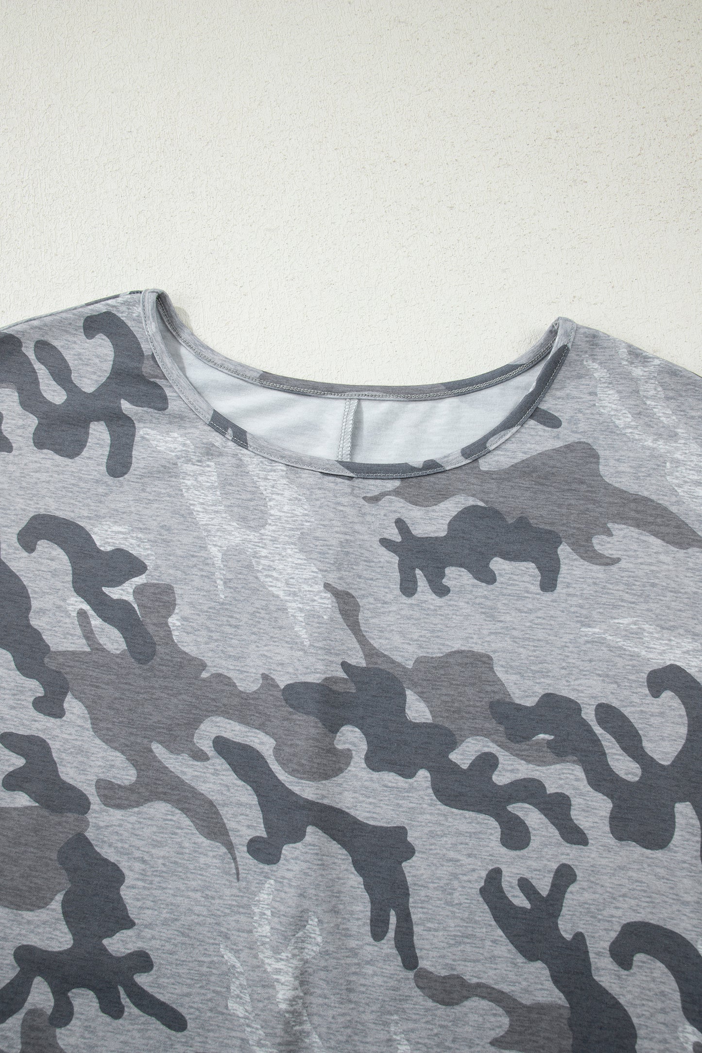 Gray Camouflage Print Round Neck T Shirt-Tops/Tops & Tees-[Adult]-[Female]-2022 Online Blue Zone Planet