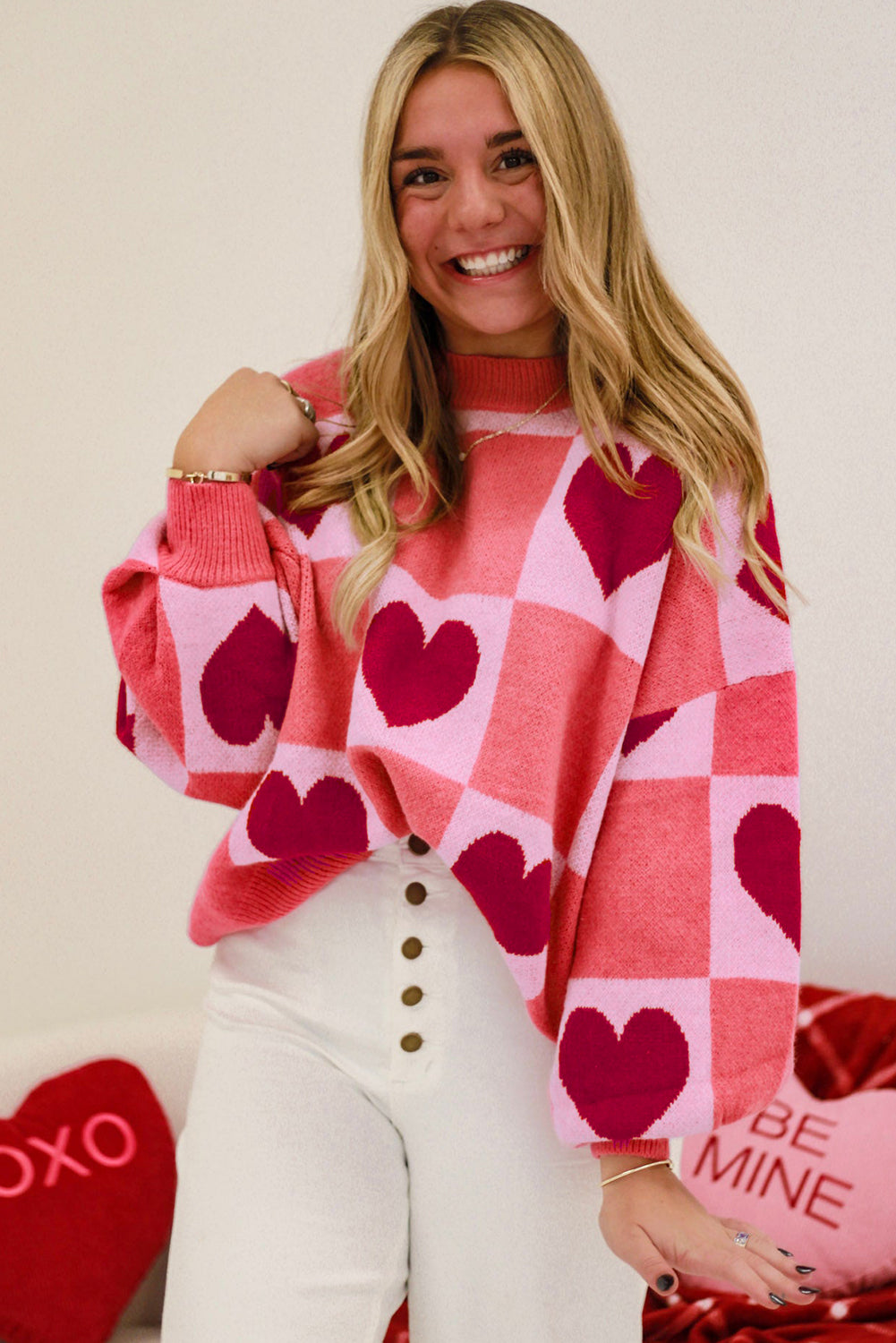 Blue Zone Planet | Pink Plus Size Heart Colorblock Mock Neck Lantern Sleeve Sweater-Plus Size Sweaters&Cardigans-[Adult]-[Female]-2022 Online Blue Zone Planet