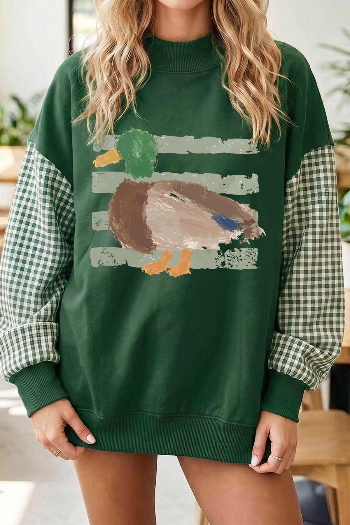 Evergreen Mallard Graphic Plaid Sleeve Tunic Sweatshirt-Graphic/Graphic Sweatshirts-[Adult]-[Female]-2022 Online Blue Zone Planet