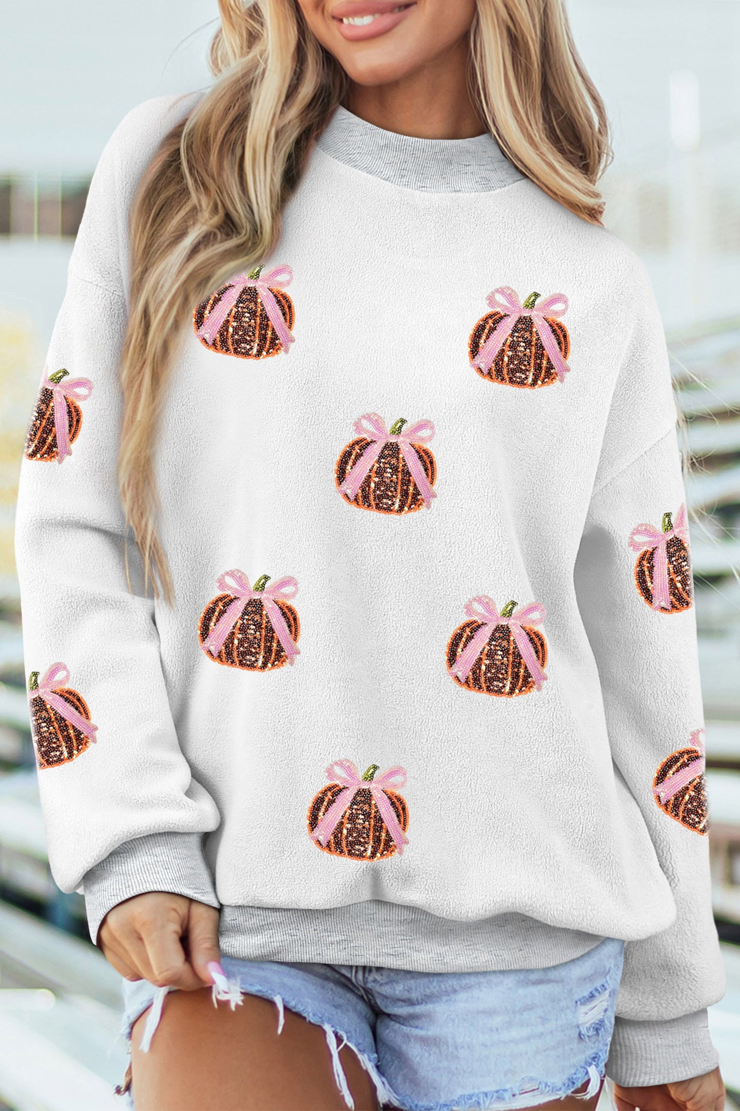 Light Grey Sequin Bow Pumpkin Patch Color Block High Neck Sweatshirt