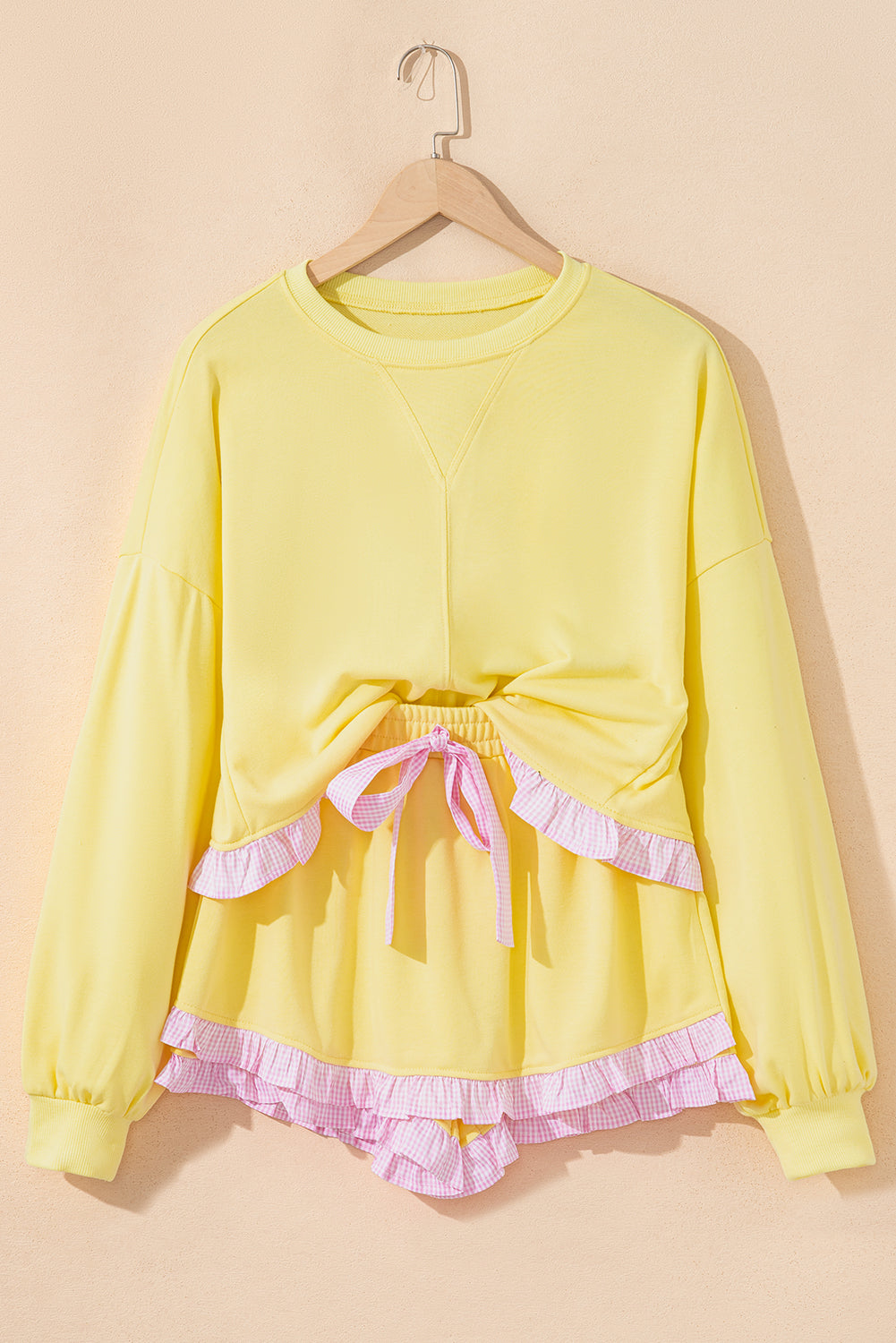 Yellow Cream Plaid Ruffled Patchwork Drop Shoulder Pullover and Drawstring Elastic Waist Shorts Matching Set-Two Piece Sets/Short Sets-[Adult]-[Female]-2022 Online Blue Zone Planet