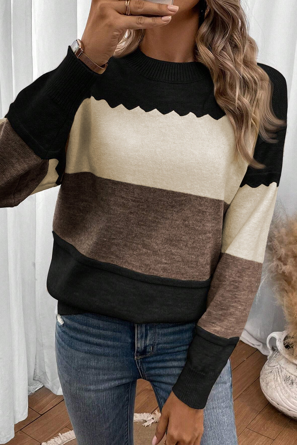 Black Colorblock Crew Neck Drop Shoulder Sweater-Sweaters & Cardigans/Sweaters-[Adult]-[Female]-Black-S-2022 Online Blue Zone Planet