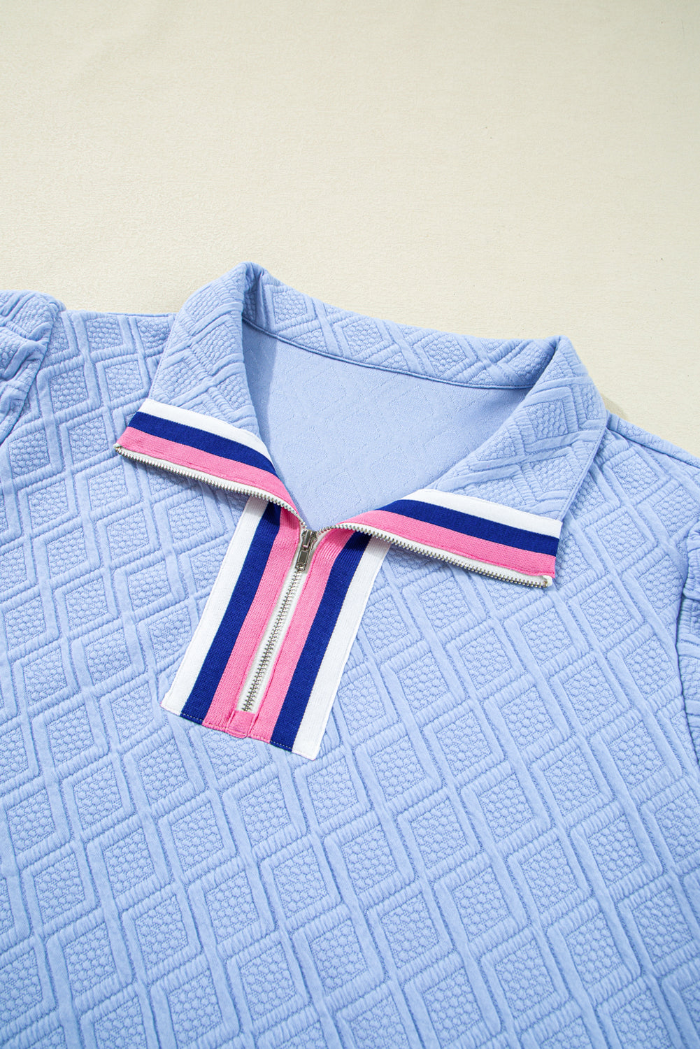 Beau Blue Contrast Striped Trim Zipped Stand Collar Textured Puff Sleeve Plus Size T Shirt Dress-TOPS / DRESSES-[Adult]-[Female]-2022 Online Blue Zone Planet