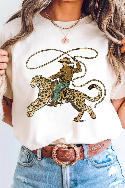 White Leopard Rodeo Cowboy Graphic Casual Tee-Graphic/Graphic Tees-[Adult]-[Female]-White-S-2022 Online Blue Zone Planet