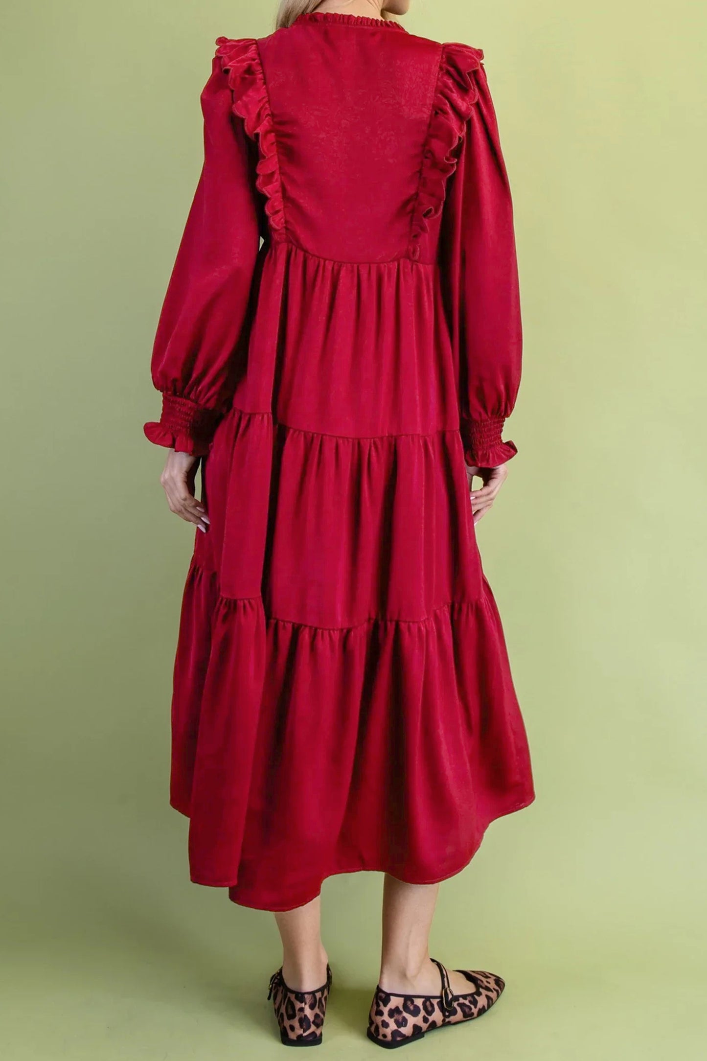 Racing Red Solid Color Ruffle Trim Long Sleeve Tiered Shift Midi Dress-Dresses/Midi Dresses-[Adult]-[Female]-2022 Online Blue Zone Planet