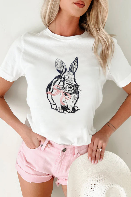 White Bunny Embroidered Bow Graphic Tee-Graphic/Graphic Tees-[Adult]-[Female]-White-S-2022 Online Blue Zone Planet
