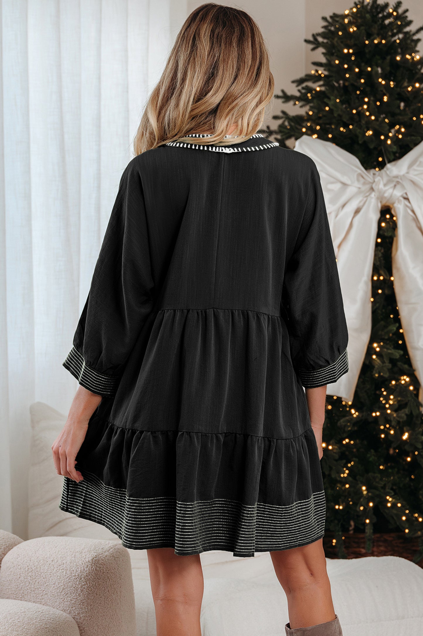 Black Contrast Stitched V Neck 3/4 Sleeve Tiered Mini Dress-Dresses/Mini Dresses-[Adult]-[Female]-2022 Online Blue Zone Planet