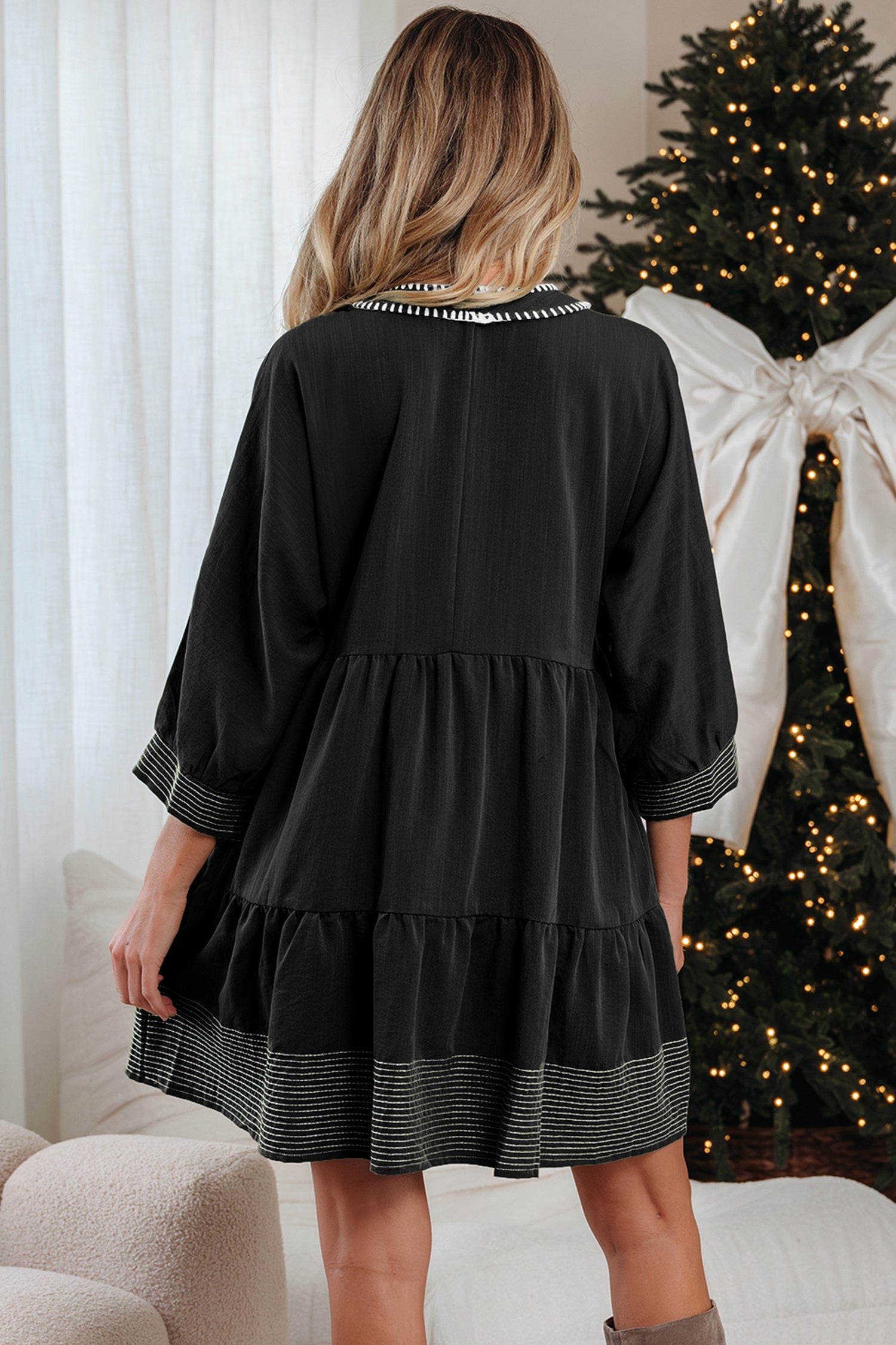 Black Contrast Stitched V Neck 3/4 Sleeve Tiered Mini Dress-Dresses/Mini Dresses-[Adult]-[Female]-2022 Online Blue Zone Planet