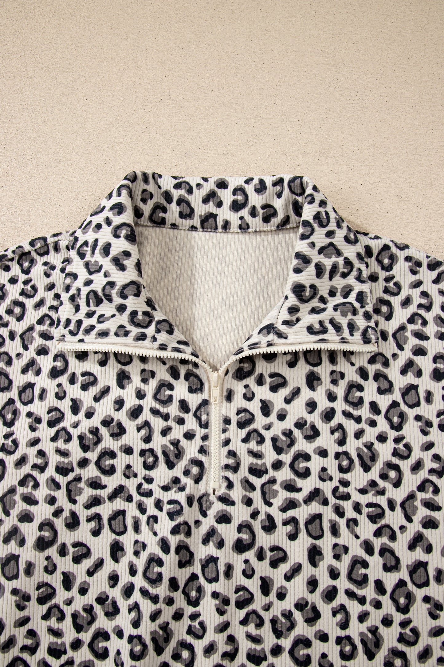 Beige Leopard Print Quarter Zip Corduroy Sweatshirt-Tops/Sweatshirts & Hoodies-[Adult]-[Female]-2022 Online Blue Zone Planet